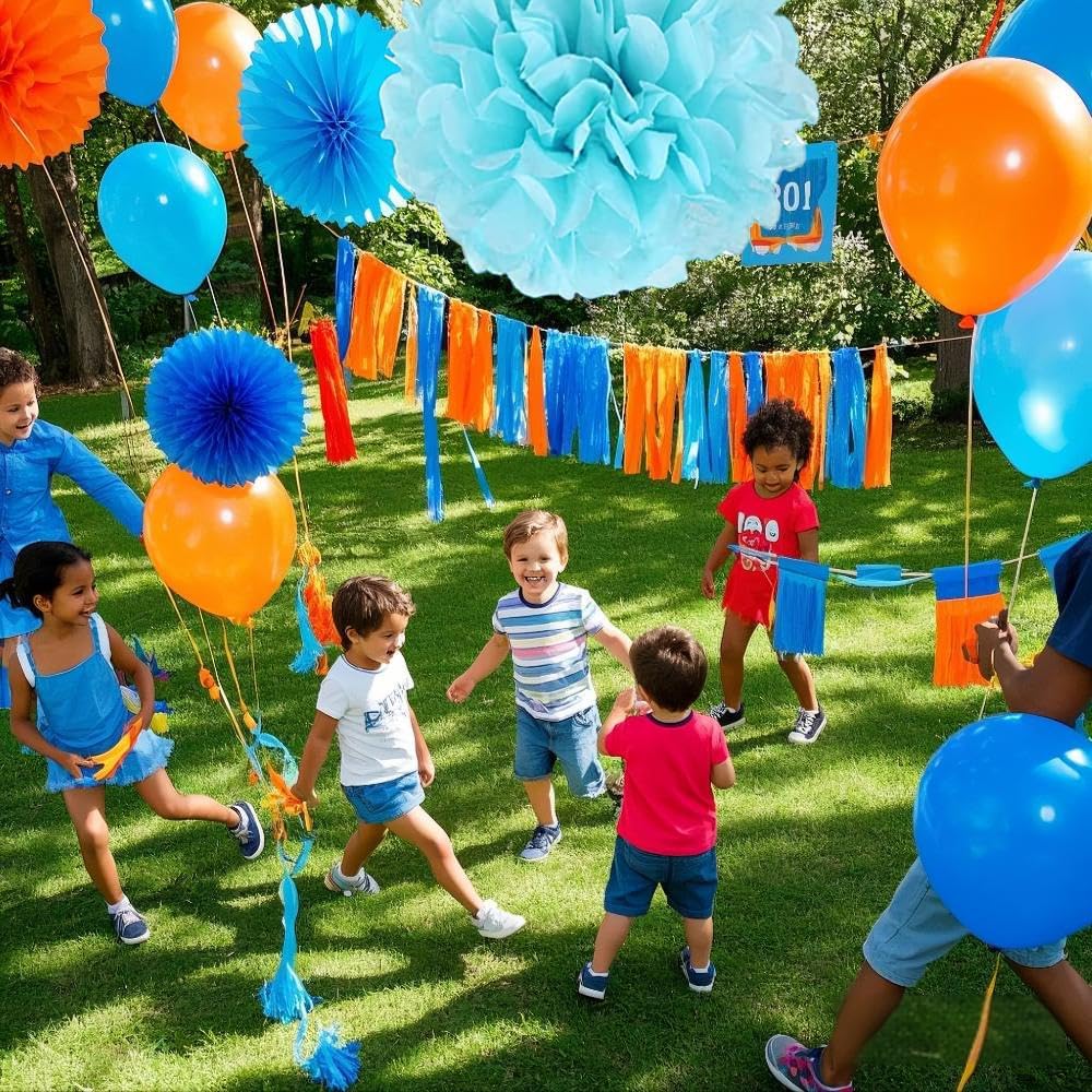Blue and Orange Tassel Garland,Tissue Tassel Banner for Party Decorations,Pack of 20
