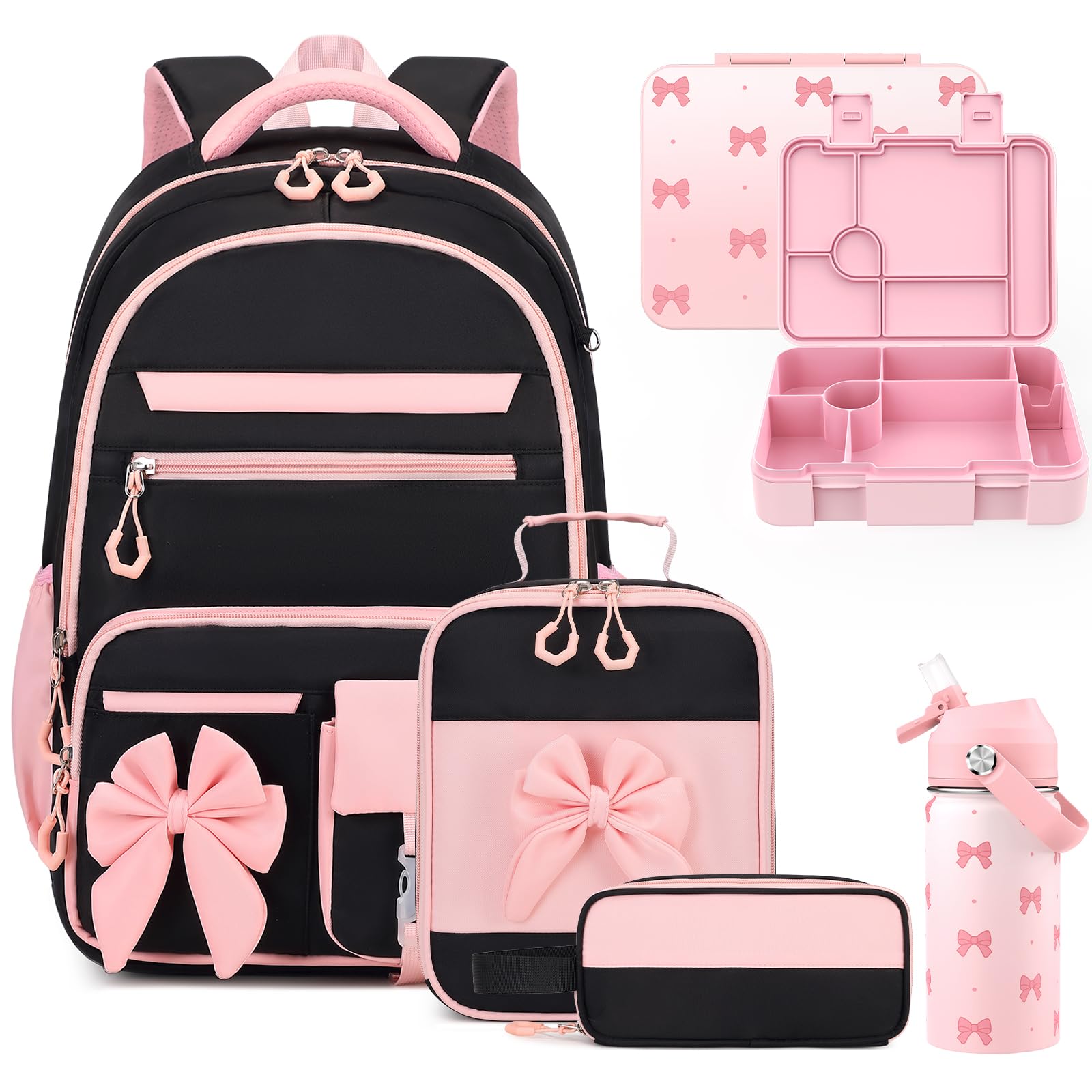 DIGOBAY Girls Backpack - Includes 14oz Insulated Water Bottle & Bento Box | 5PCS Kids Girls School Backpack Set with Lunch Bag & Pencil Case, Teens Girls Bookbag for Elementary Preschool Middle School Black-pink 5pcs Bento Box with Water Bottle