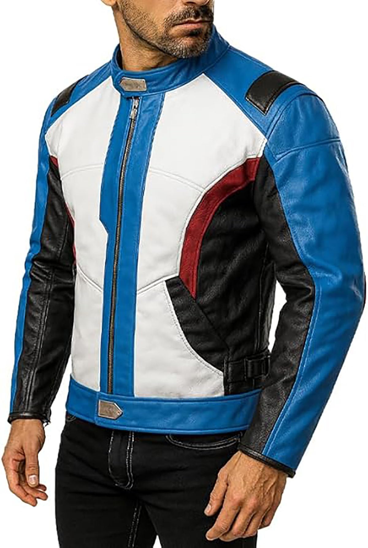 Giacca da moto in similpelle blu da uomo, vestibilità elegante