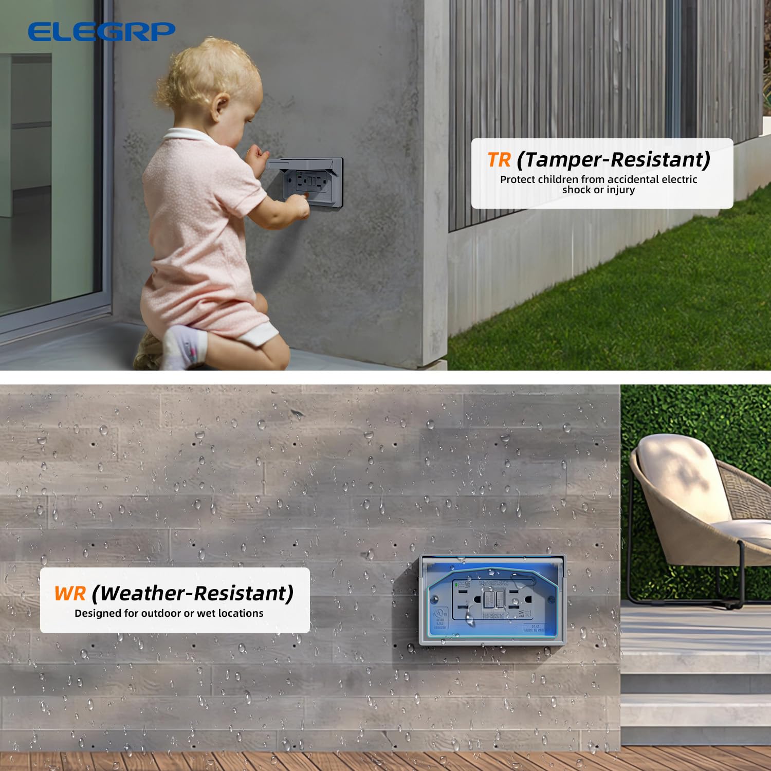 ELEGRP 15 Amp Outdoor GFCI Electrical Outlet with Cover, Weather Resistant GFCI Receptacle and Wall Plate, Self-Test GFI, Thinner Design Horizontal Ground Fault Receptacles, UL Listed, Grey, 1 Pack