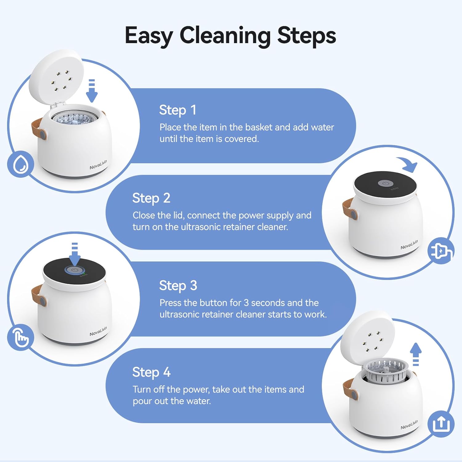 Ultrasonic Retainer Cleaner, 45kHz Ultrasonic Cleaner machine 3 Modes Deep cleaning 200ml Tank with Digital Timer for Aligner, Mouth Guard, Toothbrush Heads, Braces White - Image 7