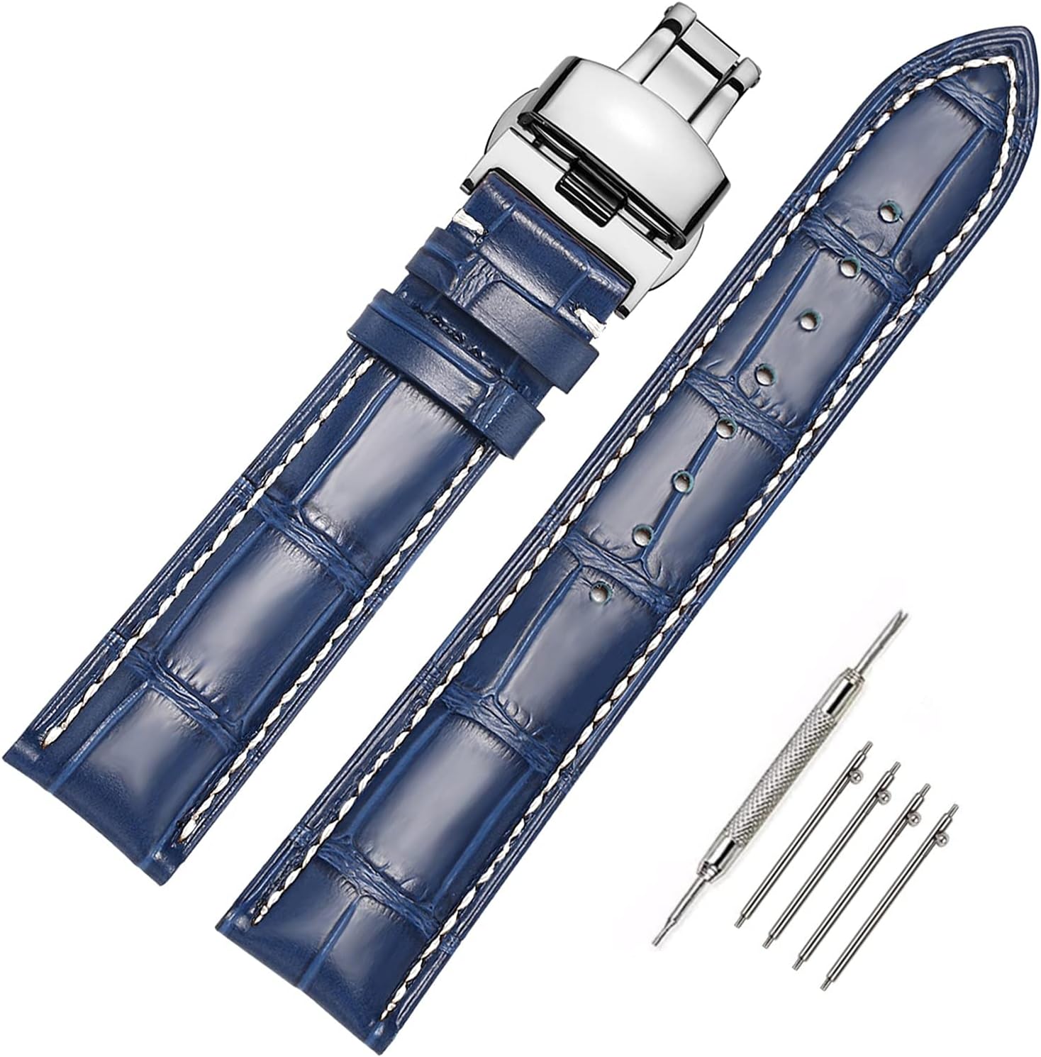 Quick Release Leather Watch Bands Deployment Butterfly Buckle 18mm 20mm 22mm 24mm Blue Black Brown Calfskin Replacement Watch Strap for Men & Women