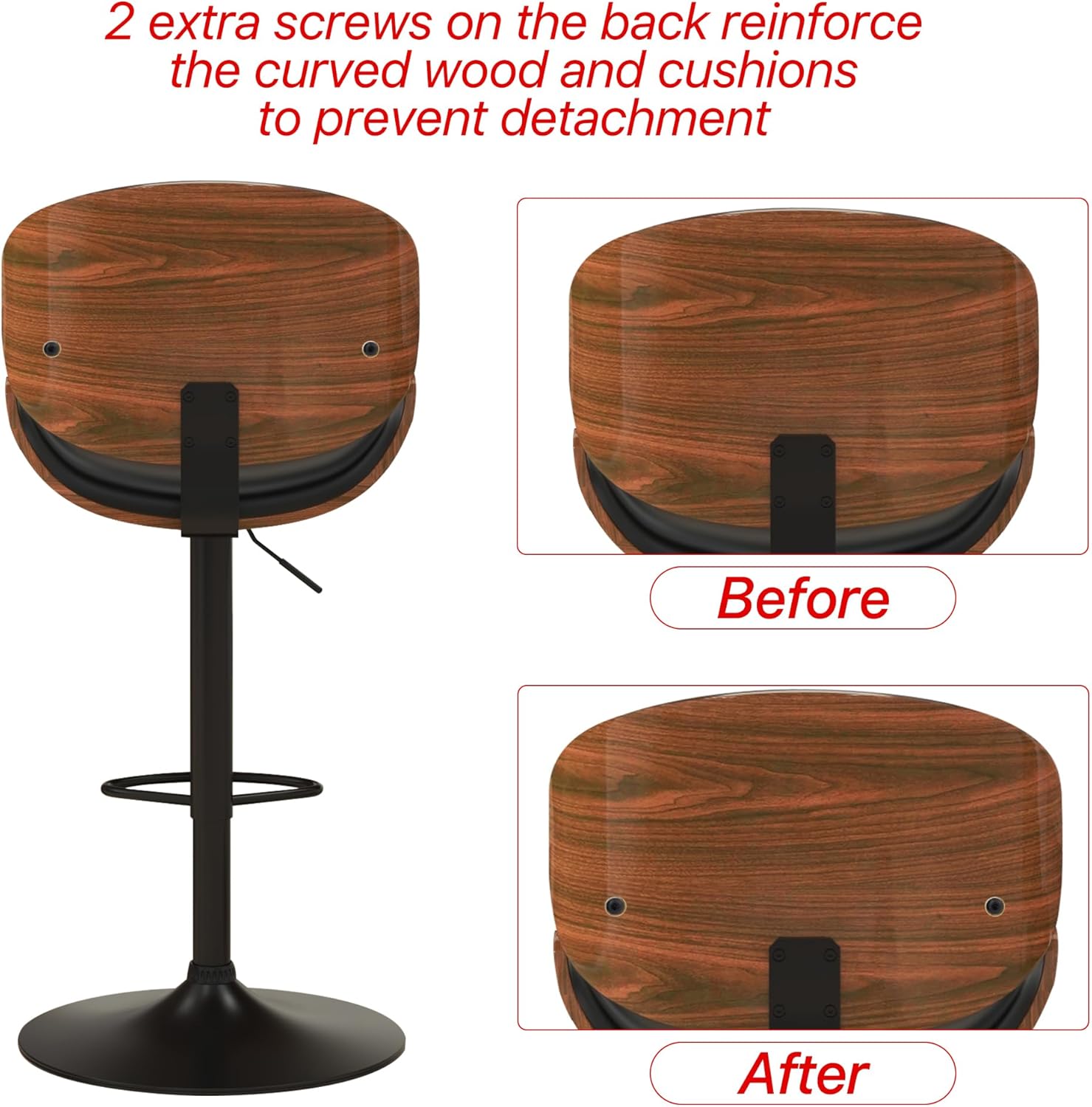 KCC Bar Stools Set of 2, Swivel Adjustable Height Barstools, PU Leather Upholstered Bar Chairs with Footrest, Bentwood Bar Stool for Kitchen, Bar, Dining Room(Black PU)