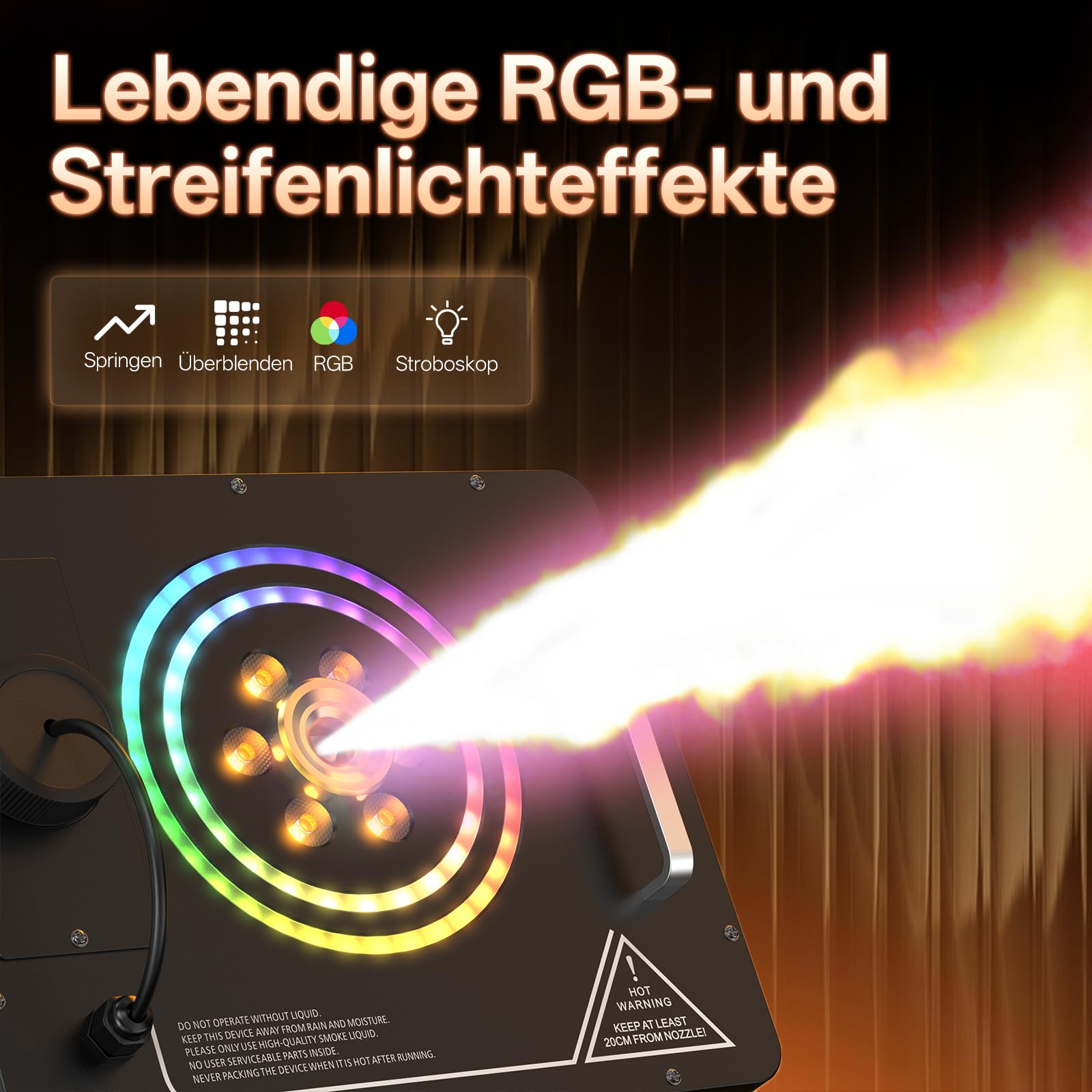 Nebelmaschine, 1500W Hängbare Rauchmaschine DMX mit 6 RGB LED und 2 Lichtringen, 3000CFM Smoke Machine mit Fernbedienung und 4 Lichteffektmodi für Bühne Hochzeit Halloween Weihnachten