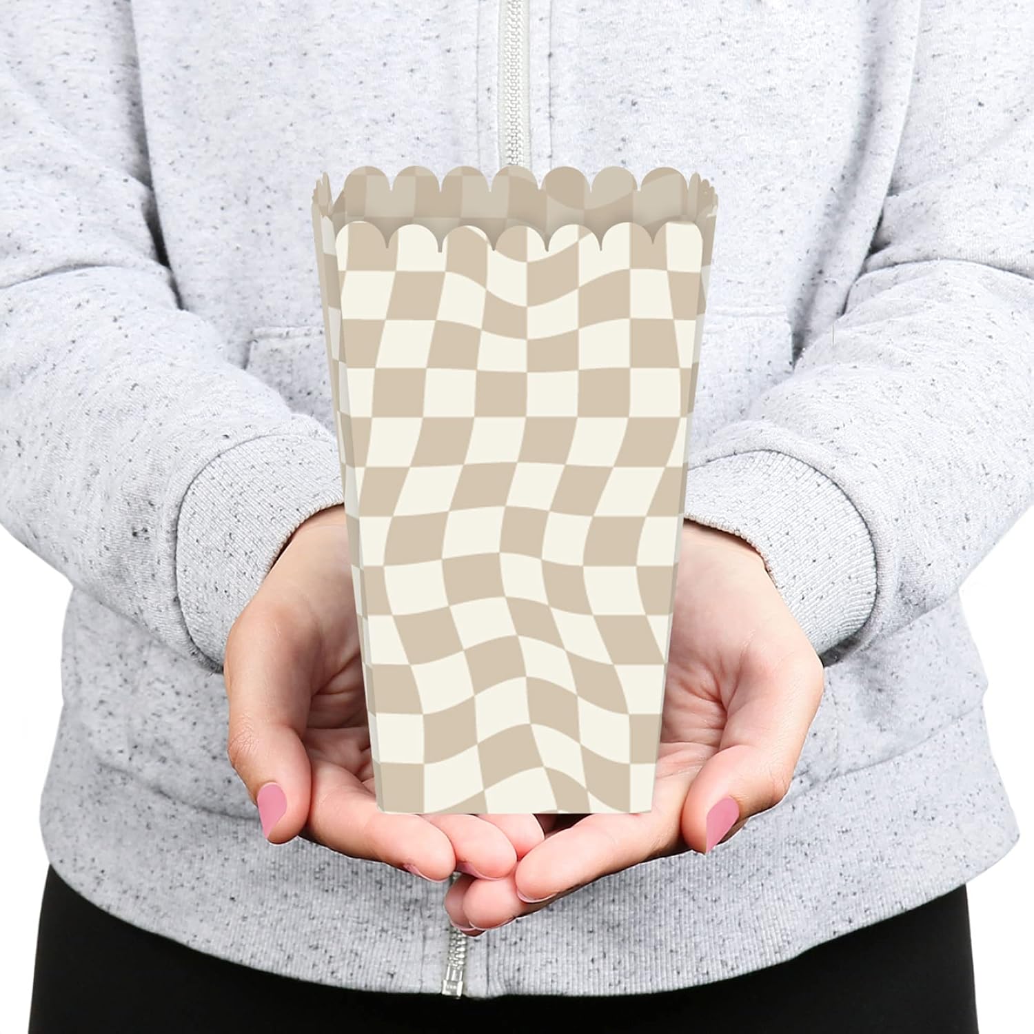Tan Green Checkered Popcorn Boxes - Birthday Party Treat Boxes - 12 Ct | Treat Box for Snacks, Candy, Small Party Favors, Birthday Party Supplies, Heavy-duty Cardstock, USA-made