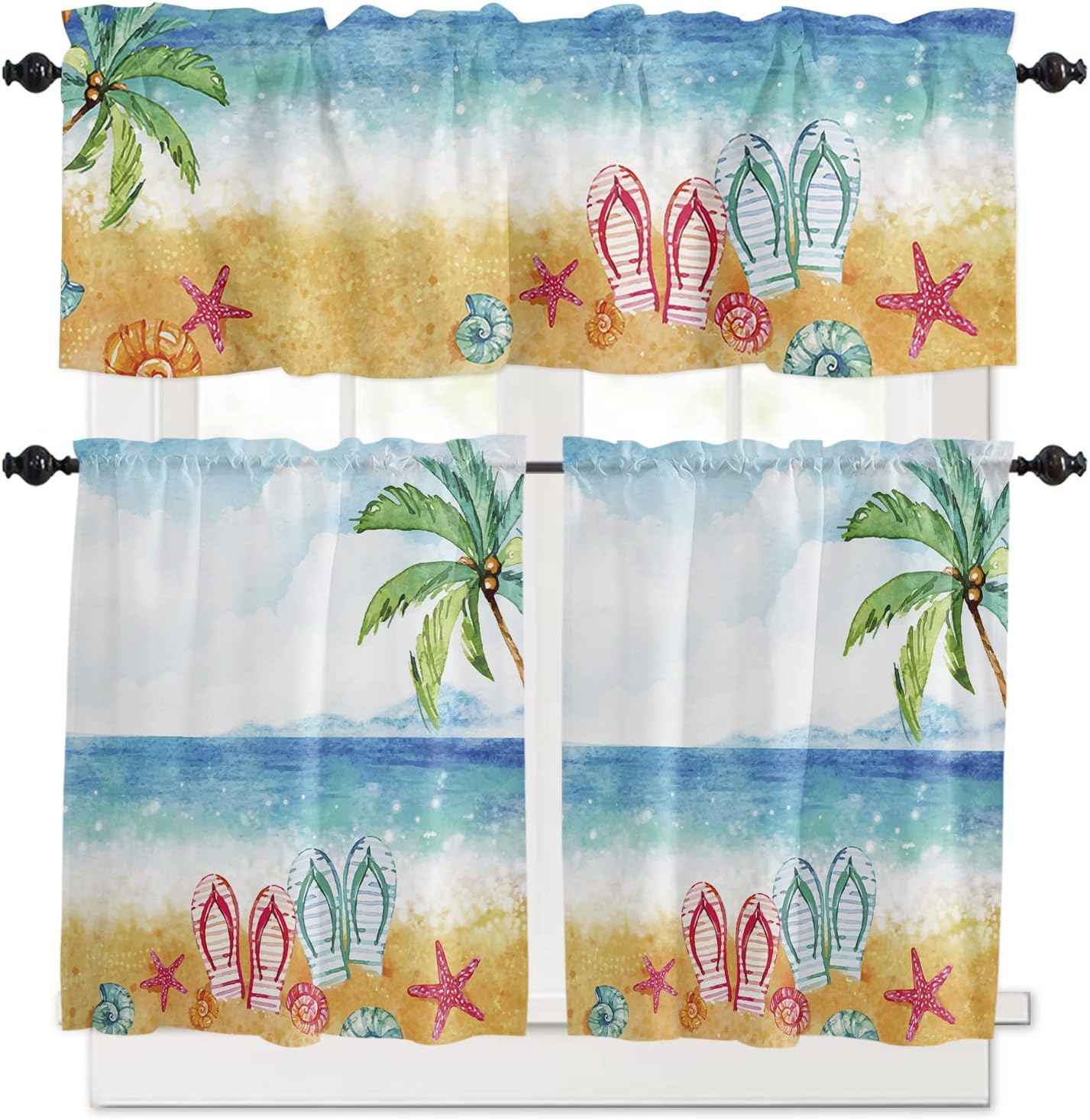 Rod Pocket Kitchen Curtain Set of 3 Cartoon Flip Flops