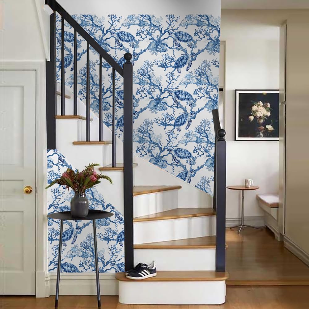 18"x236" Blue White Underwater Coral Turtle Peel and Stick Self Adhesive Wallpaper Removable Contact Paper Stick on Easy Peel Off Wall Paper for Kitchen Bedroom Bathroom Renter