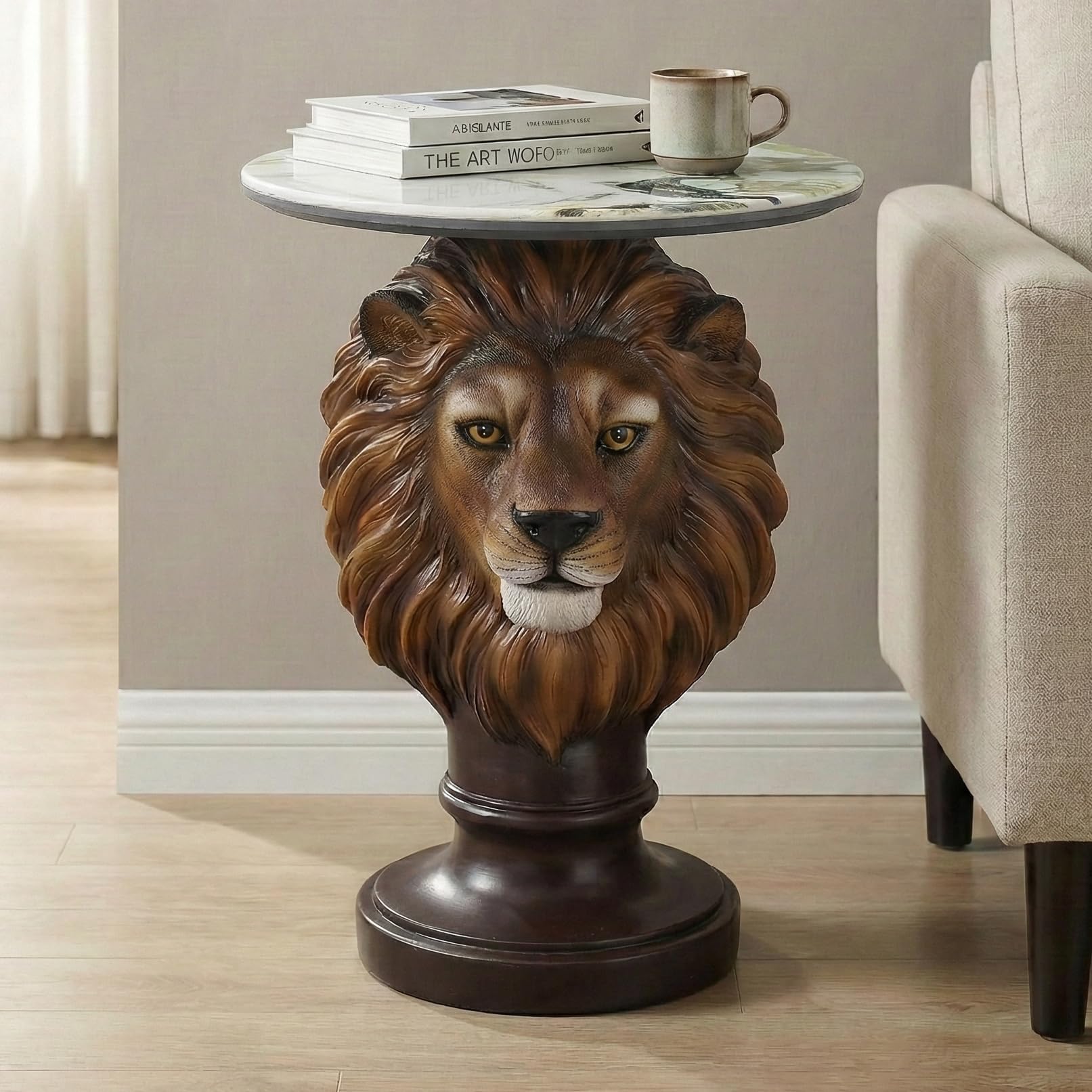 Lion Head Accent Side Table - End Table with Faux Marble Top Unique Lion Statue Decor for Living Room Bedroom Entryway Elegant Animal Sculpture Modern Classical Decoration, Realistic