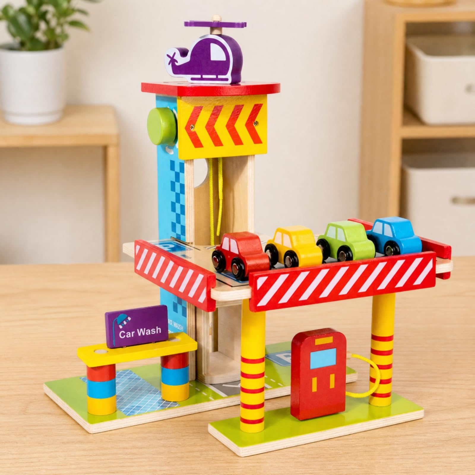 Centro Parcheggio Giocattolo per Bambini Interattivo Playset di Parcheggio con Ascensore Manuale Colorato Garage in Legno per Area Ludica