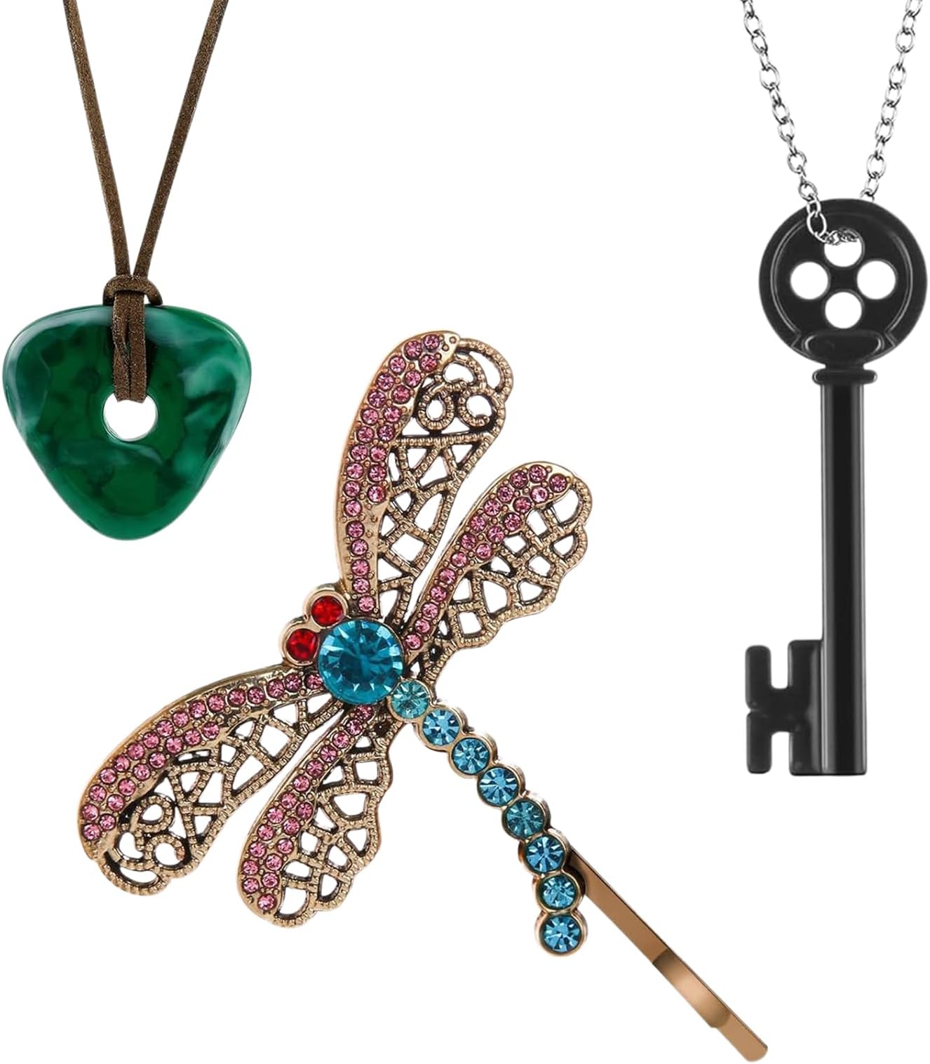 Costume Jewellery Set, Button Eyes Key Stone Necklace, Dragonfly Clip for Cosplay, Jewellery for Halloween & Film Props, Gift for Fans
