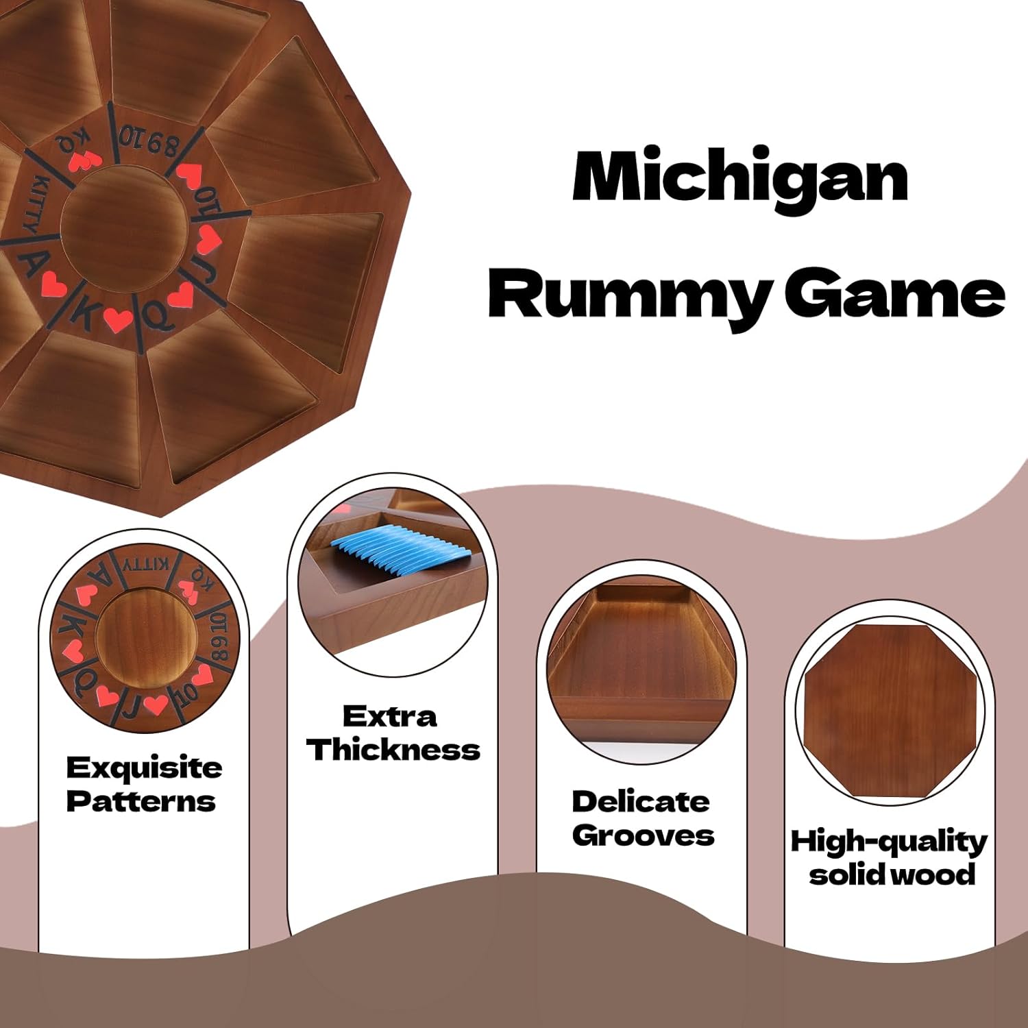 Jyquorp Michigan Rummy Board Game Deluxe Set Perfect Blend of A Royal Game of Hearts Rummy Poker Wooden Tripoley Game Betting Bluffing Classical Family Card for 100 Chips (Walnut -Medium)