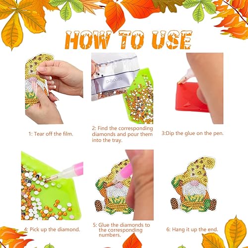 Miniatura 3 de EVECLIOO - 8 posavasos de pintura de diamante de gnomo de otoño, posavasos de pintura de diamante de Acción de Gracias con soporte, niños y