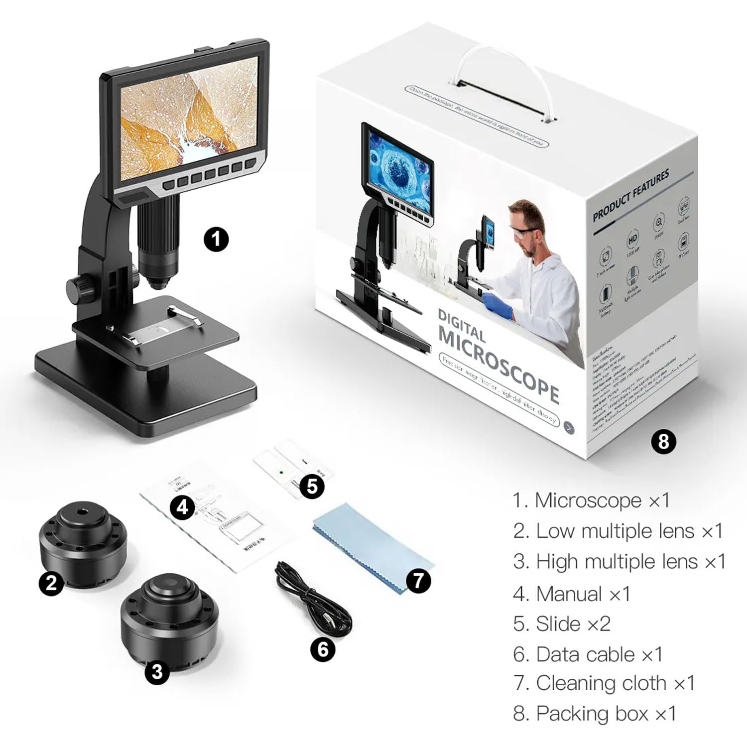 LCD Digitalmikroskop 2000X, 7-Zoll-Desktop-USB-Mikroskop mit LED-Lichtern, 12-MP-Kamera und 32-GB-Karte für Labor- und Münzinspektion
