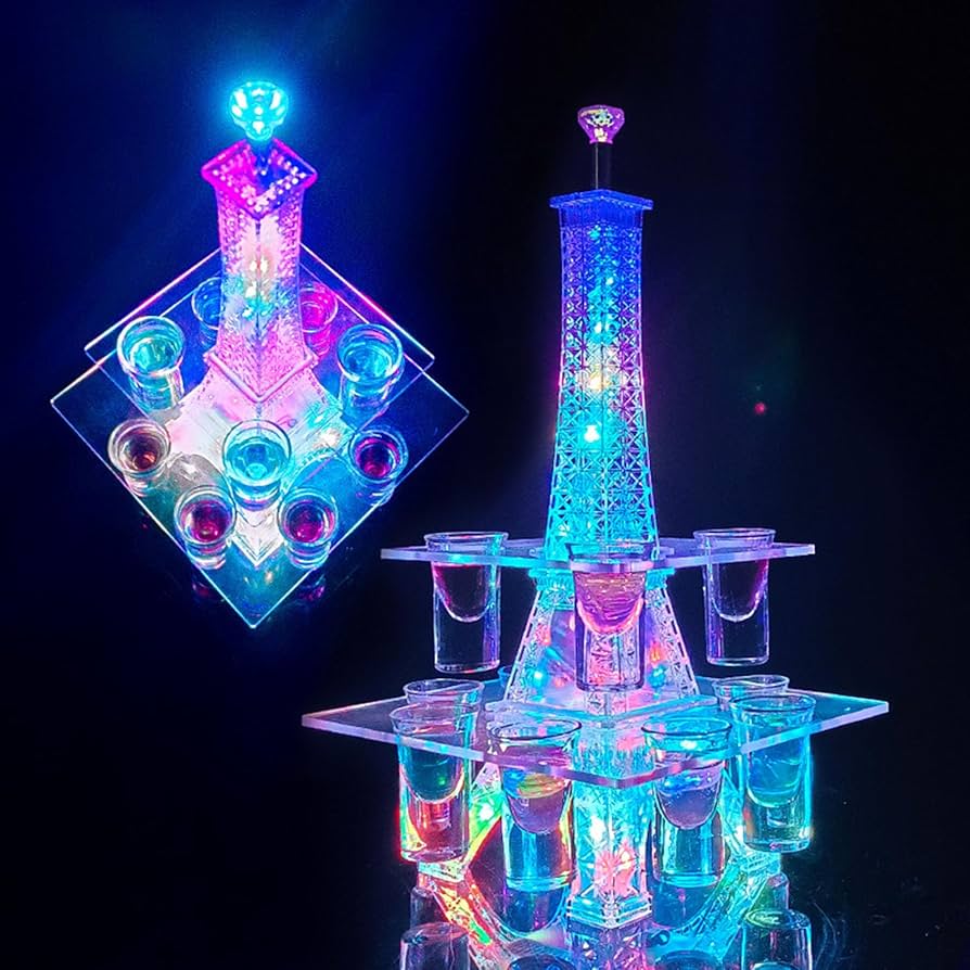 422 LED 酒グラス棚 エッフェル塔 25mlグラス付き RAKU LED酒グラス棚 タワー 酒カップホルダー 酒グラススタンド
