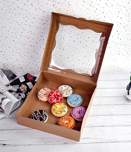 Miniatura 5 de CHERRY Paquete de 15 cajas de panadería marrón de 12 x 12 x 3 pulgadas con ventana de PVC para tartas y galletas, caja de papel kraft natural