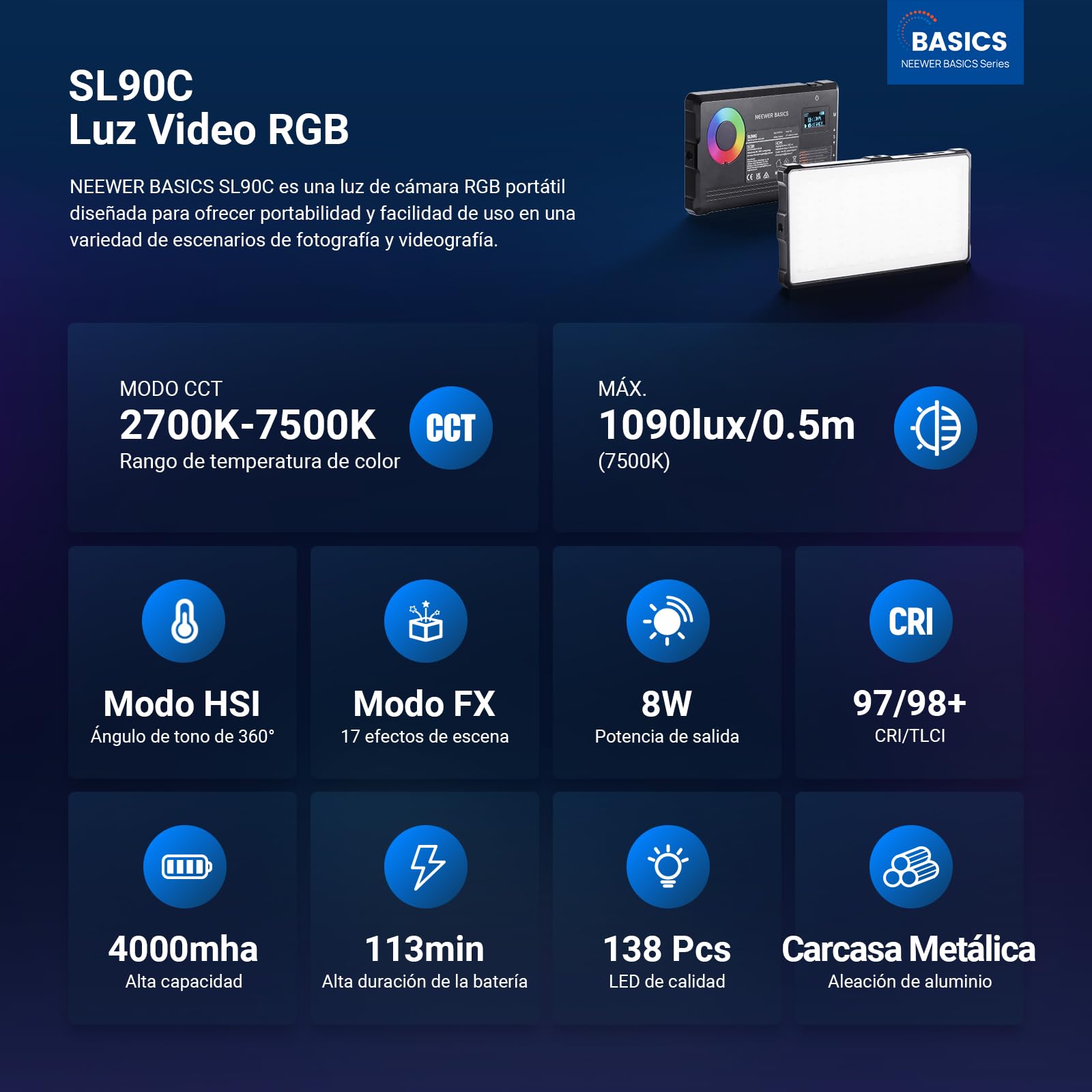 NEEWER Basics Full RGB Luz Foco Video Cámara con Trípode Escritorio, 9W CRI97 2700K-7500K 17 Escenas Portátil Small Panel LED Metal Iluminación para Transmisión DSLR Fotografía Grabación Video, SL90C | 8W, CRI97, 2700K-7500K, 17 Escenas, 4000mAh, Panel Pe