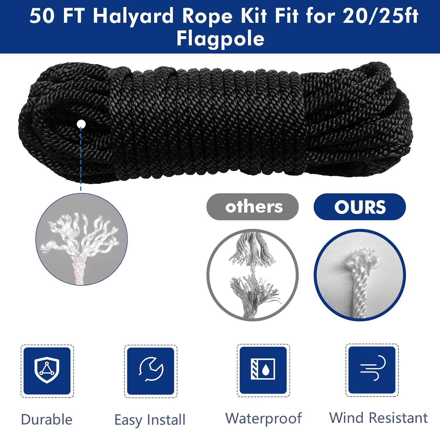 Flagpole Hardware Repair Parts Kit-50 Ft Halyard Rope +3" Black Ball+6" Zinc Alloy Cleat +4 PCS Metal Swivel Snap Clips+Aluminum Alloy Flagpole Truck for 2" Diameter Flag Poles Top