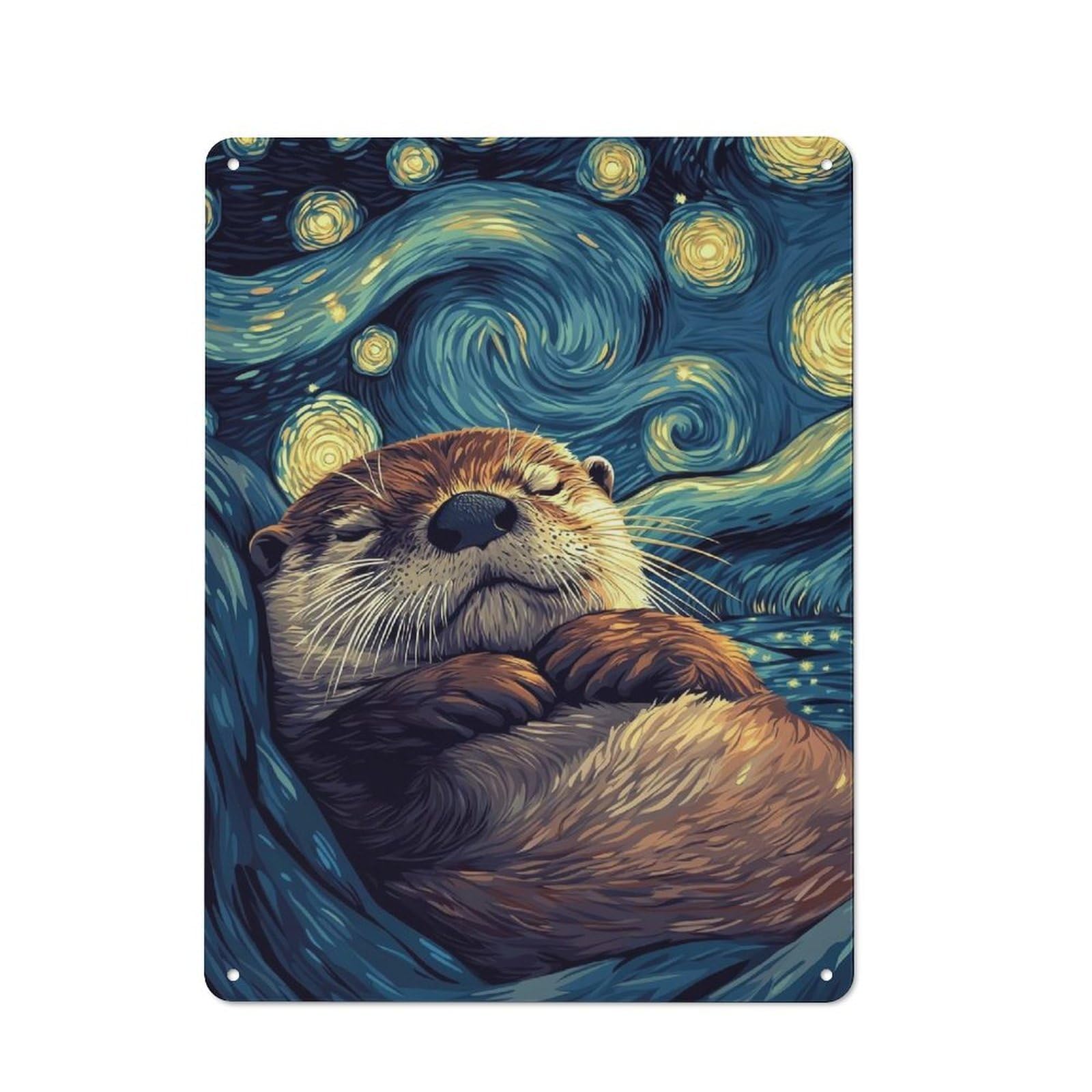 Metal Wall Plaque with Otter Starry Night Design 40x30cm, Retro Room Wall Plaque for Home, Shop, Pub Or Studio Wall