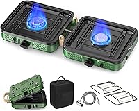 TENGIZUOHZ 2-Burner Propane Camping Stove 20,000 BTU Portable Folding with Grill, Carrying Bag & Piezo Ignition for Camping, BBQ, Tailgating