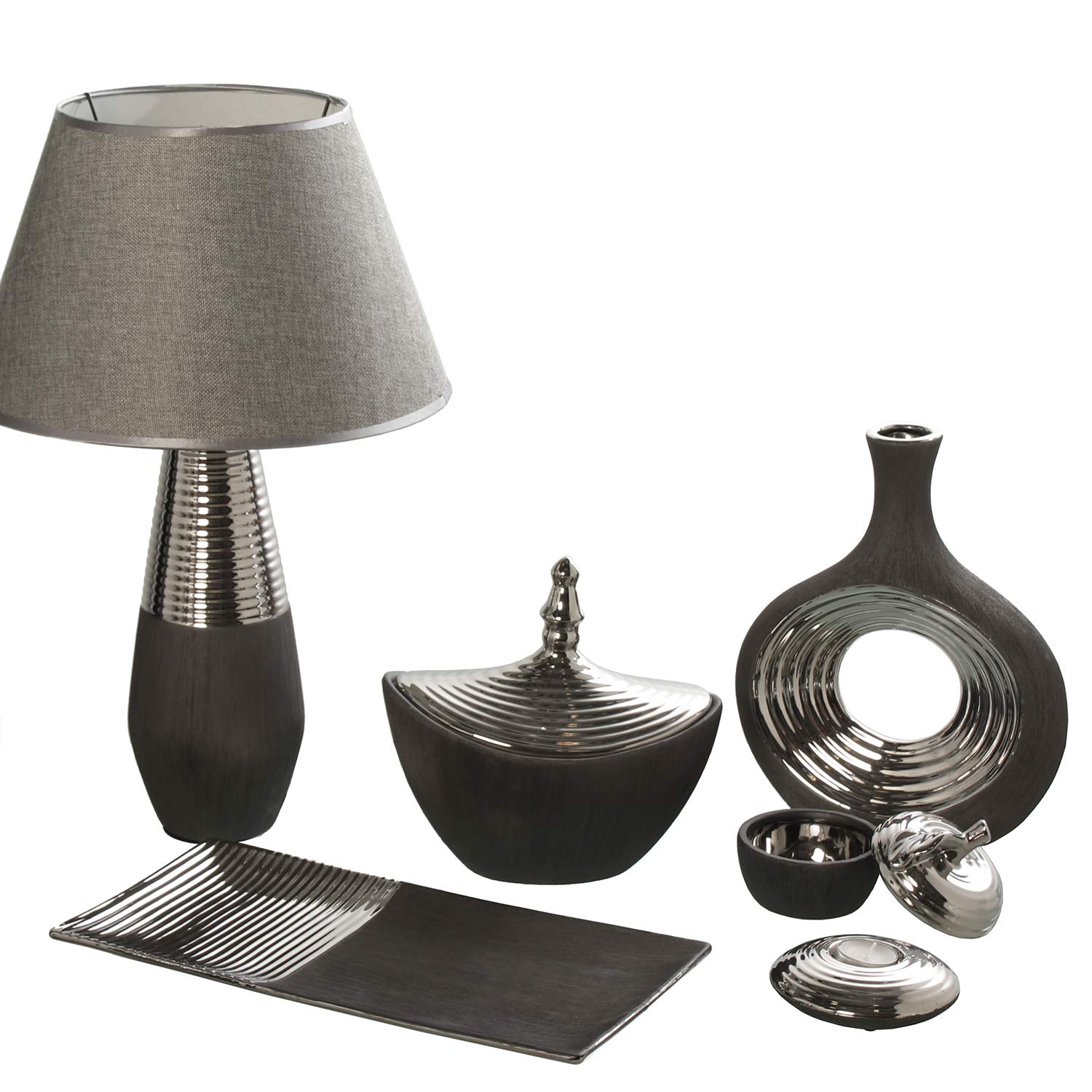 DRW Lámpara de Sobremesa de cerámica en Gris Oscuro y Plata