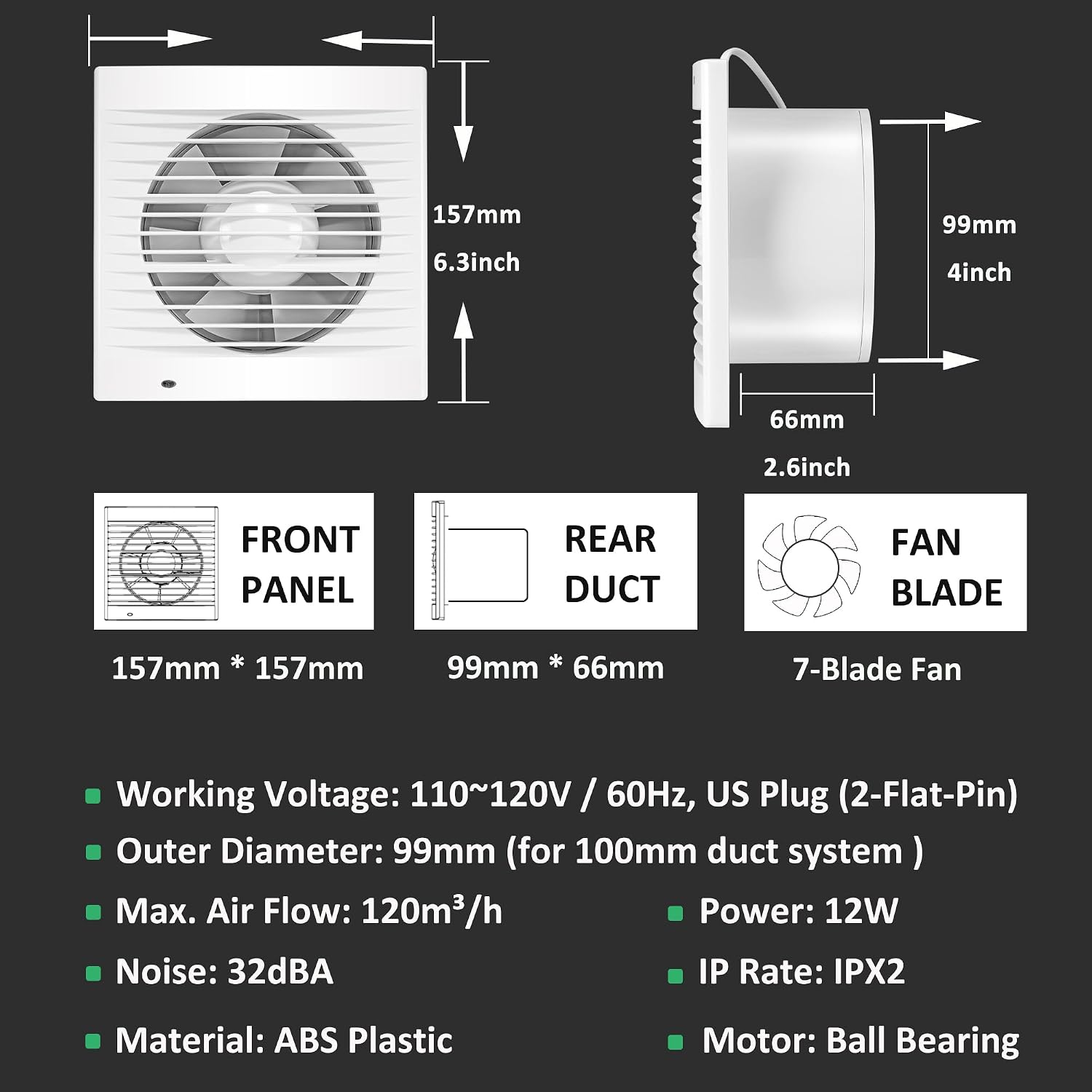 4inch Wall Exhaust Fan, 55CFM 12W Small Window Mount Vent Extractor Fan for Kitchen Bathroom Workshop Garage (ETL Cord)