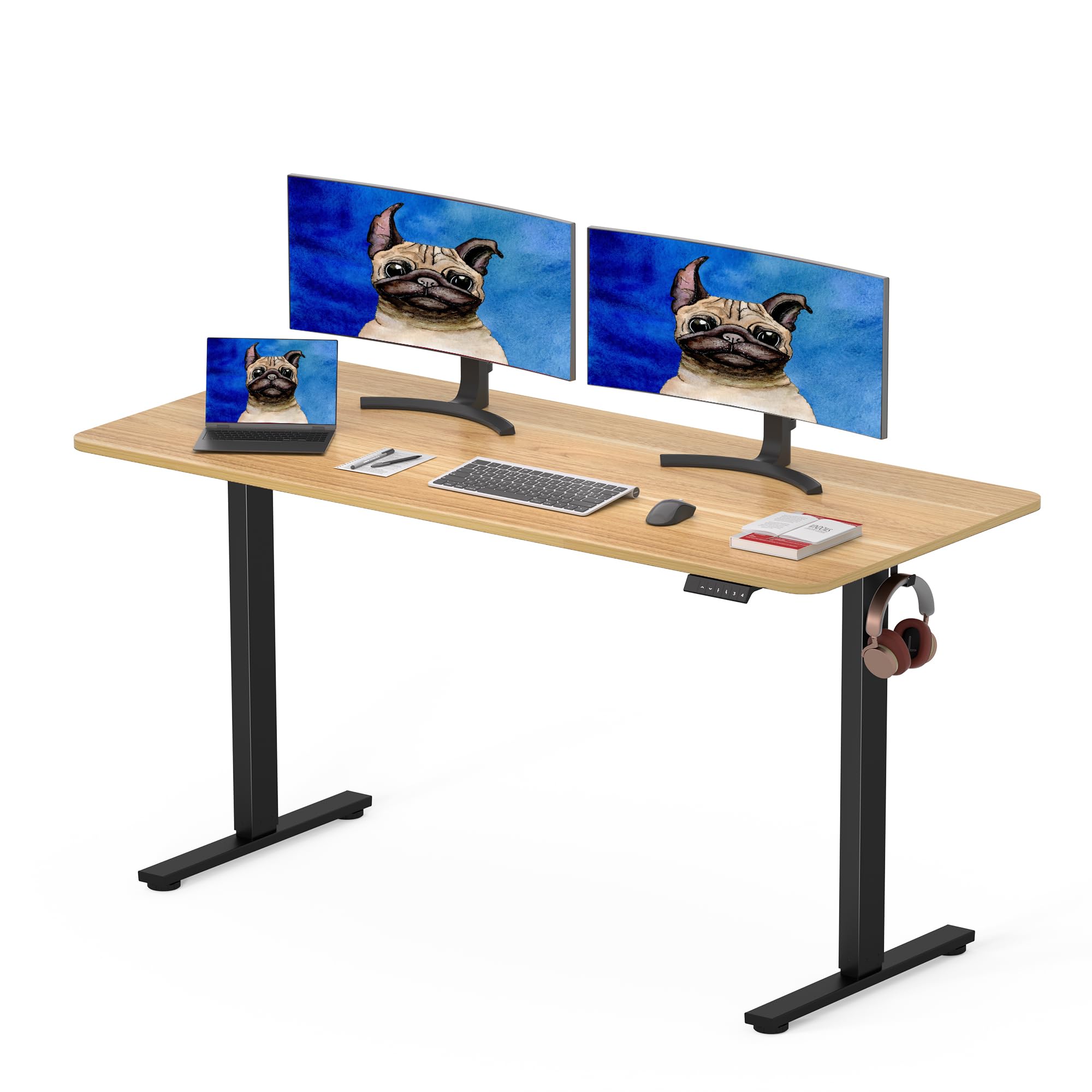 SANODESK 140 x 80cm Electric Standing Desk ONE PIECE Height Adjustable Desk Sit Stand Table Home Office Desk with 4 Height Memory Pre-Sets Smart Pannel and Hooks for Work, (Black Frame+Maple Desktop)