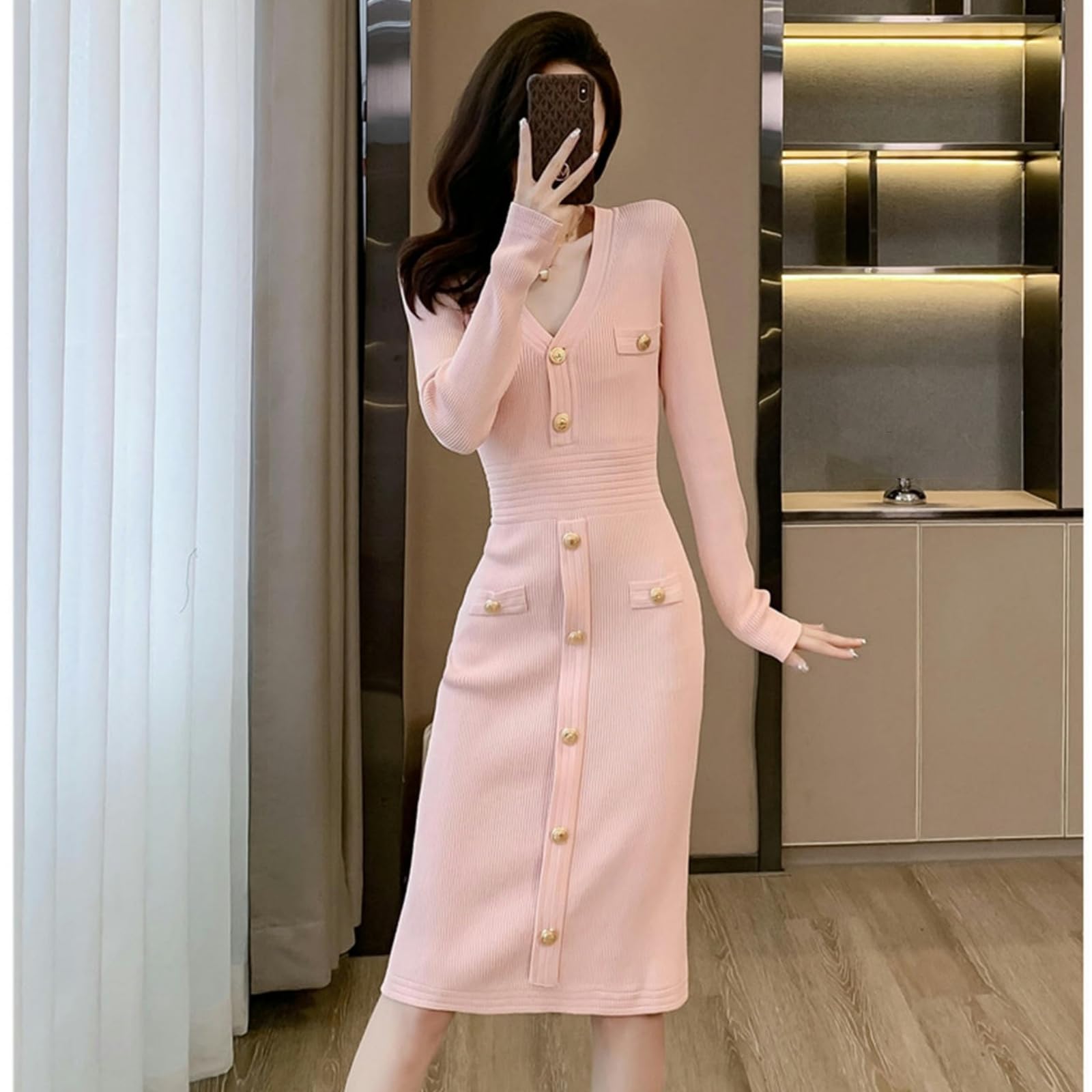 Vestito Donna Autunno Abito Autunnale da Donna in Maglia con Scollo A V, Gonna Aderente sui Fianchi, Gonna Maglione A Vita Alta con Bottoni-Nero-m