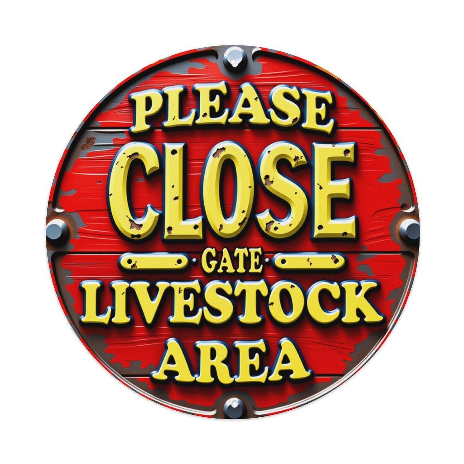 Please Close Gate Livestock Area Vintage Metal Tin Sign Retro Wall Decor for Home Bar Garage Cafe, Indoor & Outdoor Decorative，circle Metal Poster, 8x8 Inch