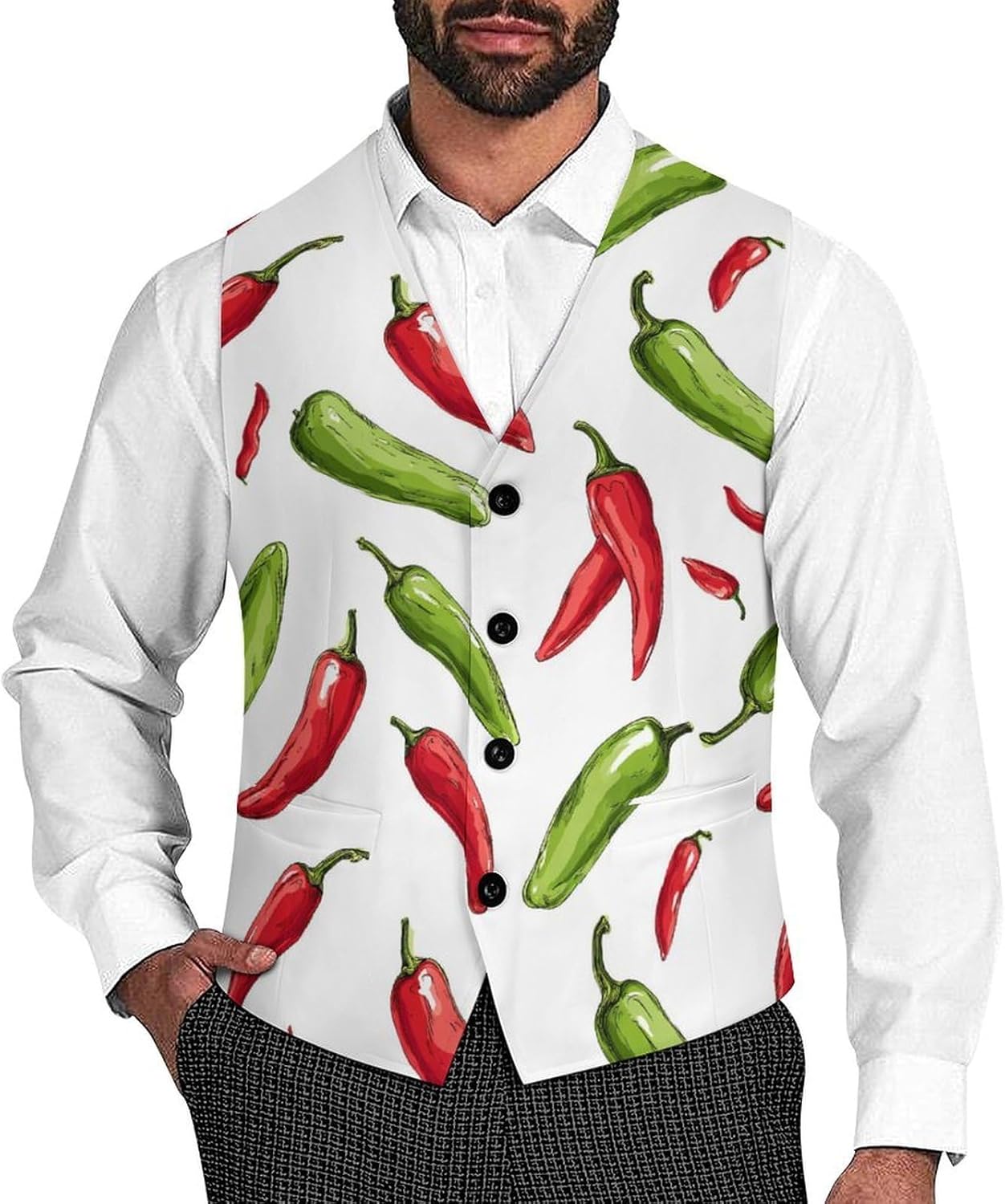 Hot Pepper Print Men's Suit Vest Formal Vests Casual Dress Fit Waistcoat Casual Tuxedo for Business
