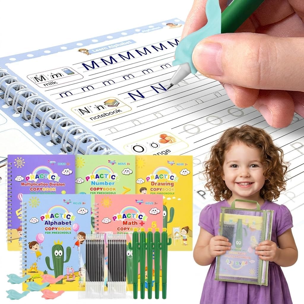 Magic Practice Copybook, Reusable Writing Practice Book, Grooved Handwriting Copybook Set for Preschool Kids Age 3-8 Calligraphy 5.7 * 7.9 inch (5 PCS with 5 Cactus Pens & A Storage Bag)