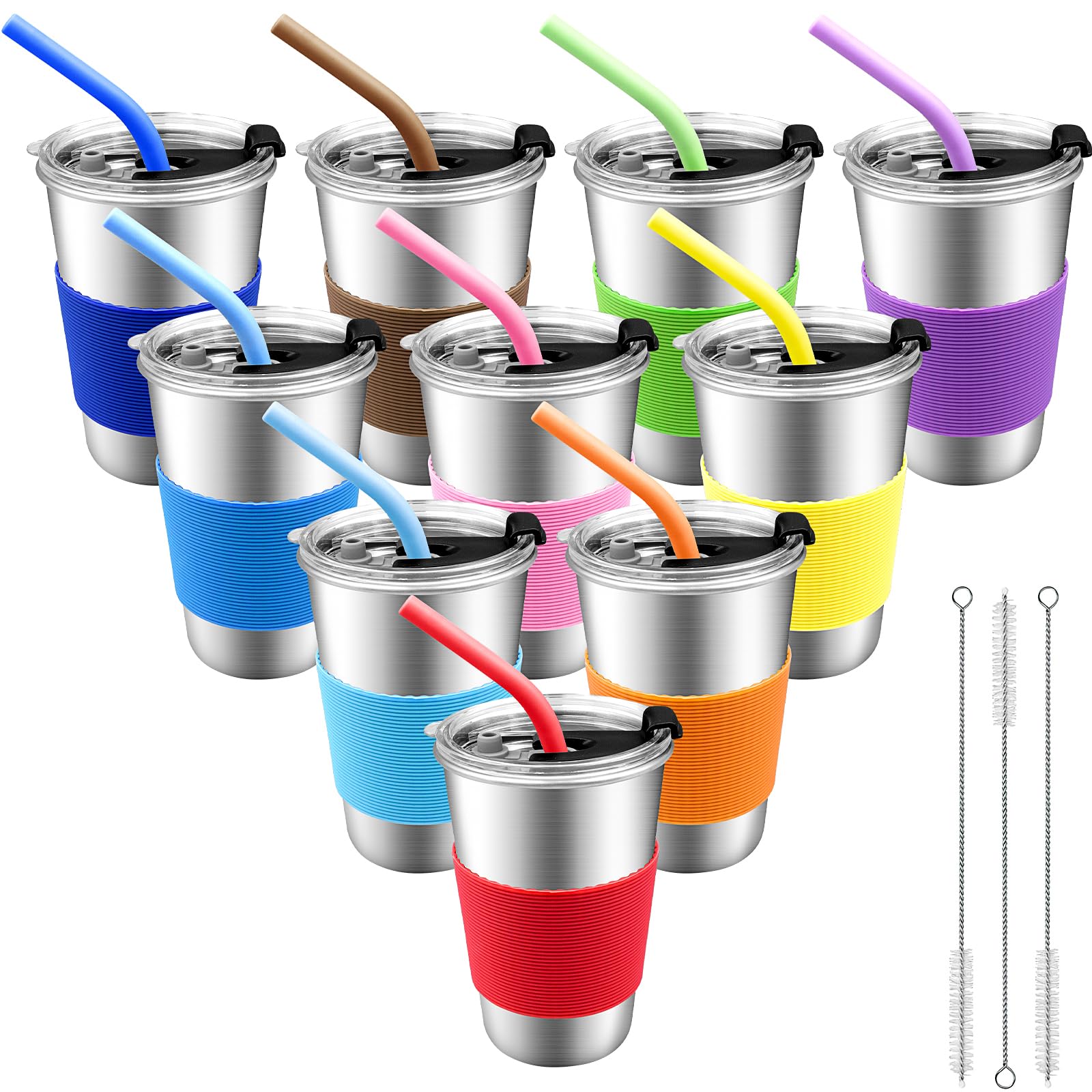 10 Stück Edelstahl Trinkbecher mit Deckel und Silikonstrohhalmen, 500 ml Kinder Edelstahl Trinkbecher, Trinkbecher mit Deckel für Schulanfang, Alltag, Büro und Zuhause