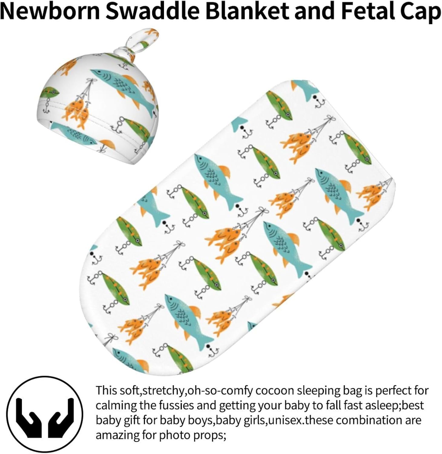 Fishing Baby Stuff Swaddle Blankets Beanie Hat Sets, Soft and Stretchy Newborn Fishes Blanket Swaddle Sack for Baby Shower Infant Boy and Girl - Image 3