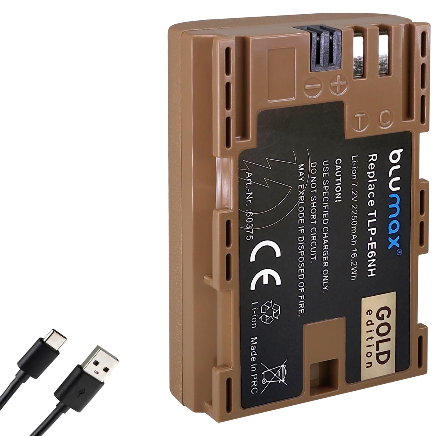 Blumax Gold Akku kompatibel mit Canon LP-E6NH (2250mAh) mit USB Typ-C Ladebuchse - NTC-Sensor & V1-Gehäuse - kompatibel mit Canon EOS-R RA R6-MarkII R5 R5c R7
