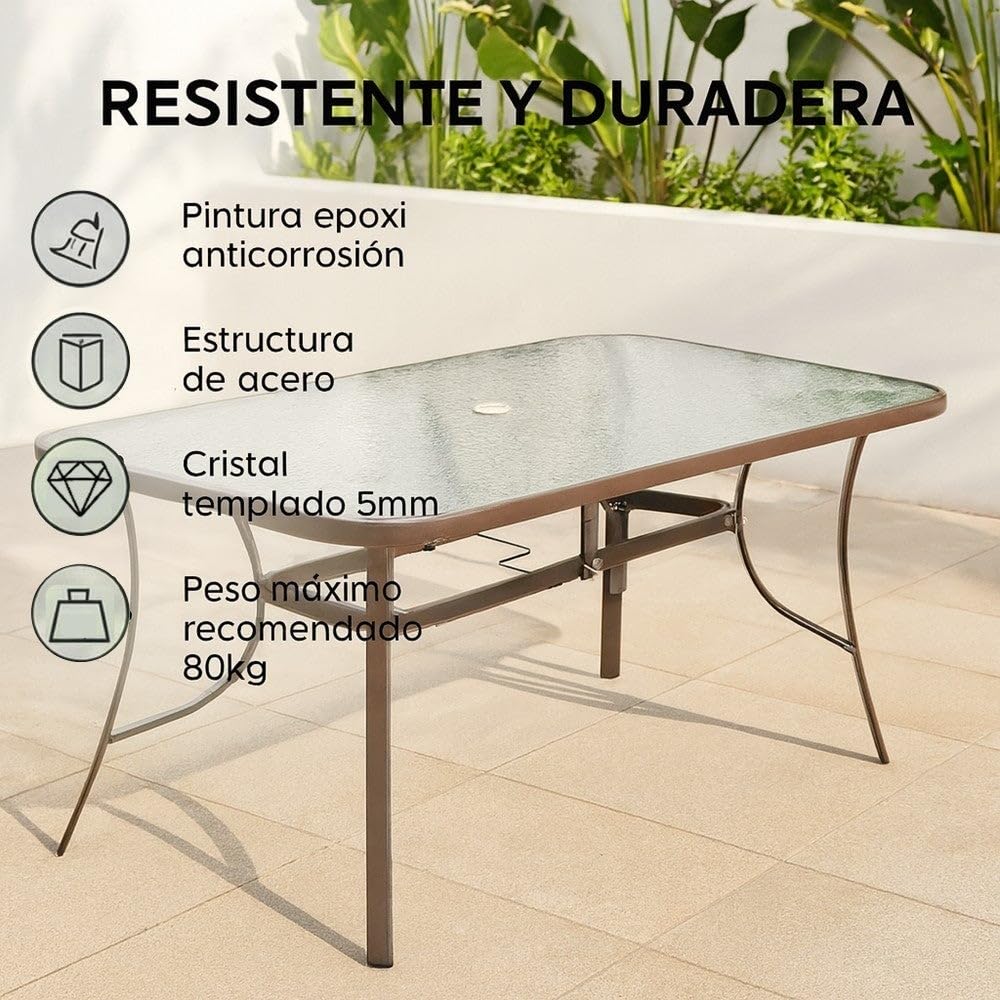 MONTY Mesa de Jardín Rectangular 150x90 cm de Acero Gris Topo con Tablero de Cristal Templado 5mm | Pintura Anticorrosión, Uso Exterior | para 4 Personas | Requiere Montaje | Classic