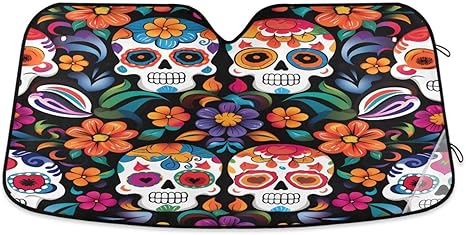 ALAZA Floral Sugar Skull Day of The Dead Car Windshield Sun Shade Blocks Foldable Car Front Window Sunshade Automotive UV Rays Sun Visor Protector