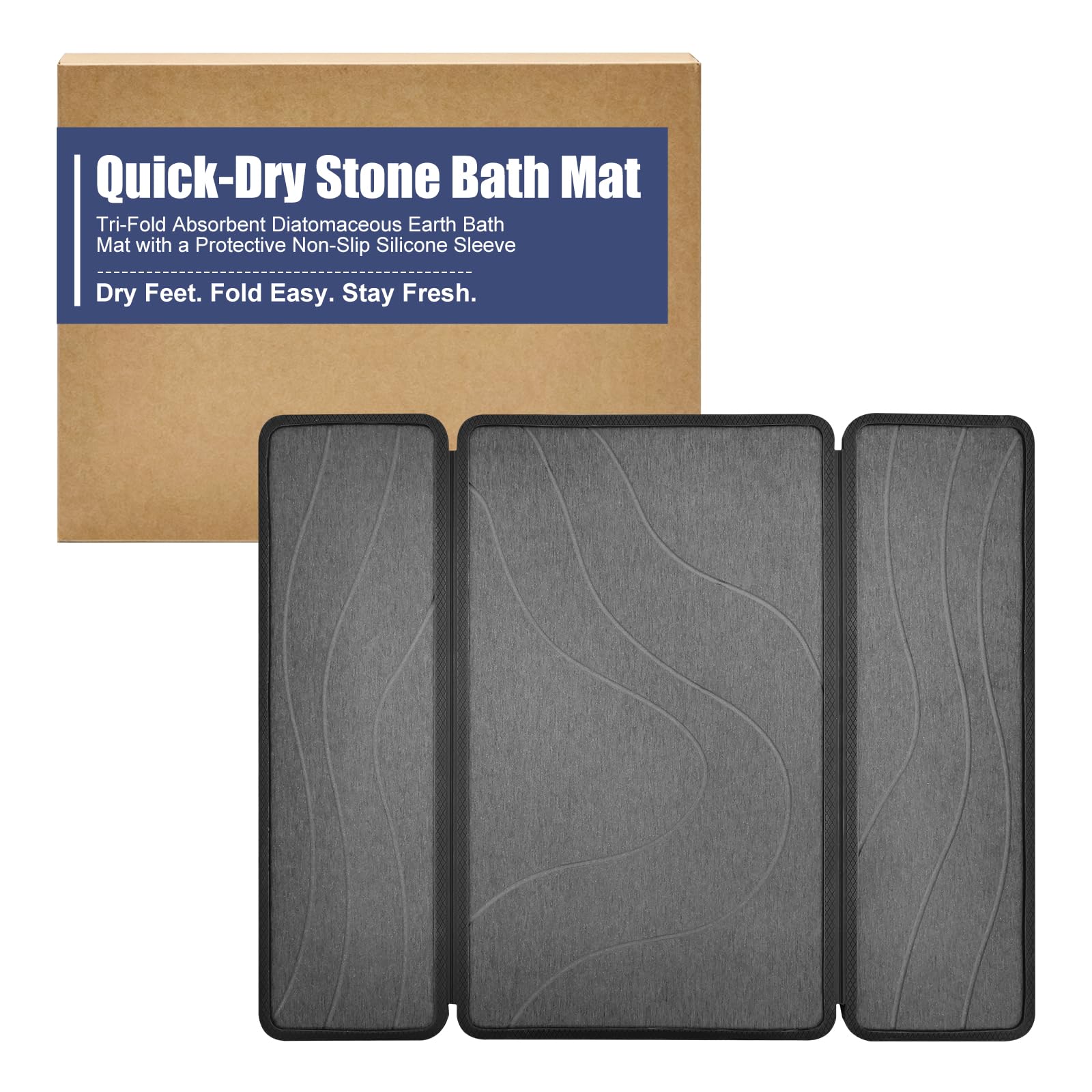 Alfombra Diatomita Baño con Funda de Silicona (Gris/Ondas Agua,50x40cm) | Alfombra de diatomita plegable (3 partes), superabsorbente, secado rápido y antideslizante para baño, ducha y lavabo