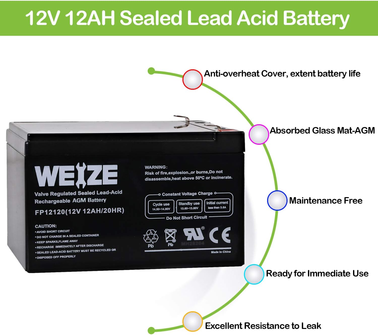 Weize 12V 12AH Sealed Lead Acid (SLA) AGM Deep Cycle Rechargeable Battery : Health & Household
