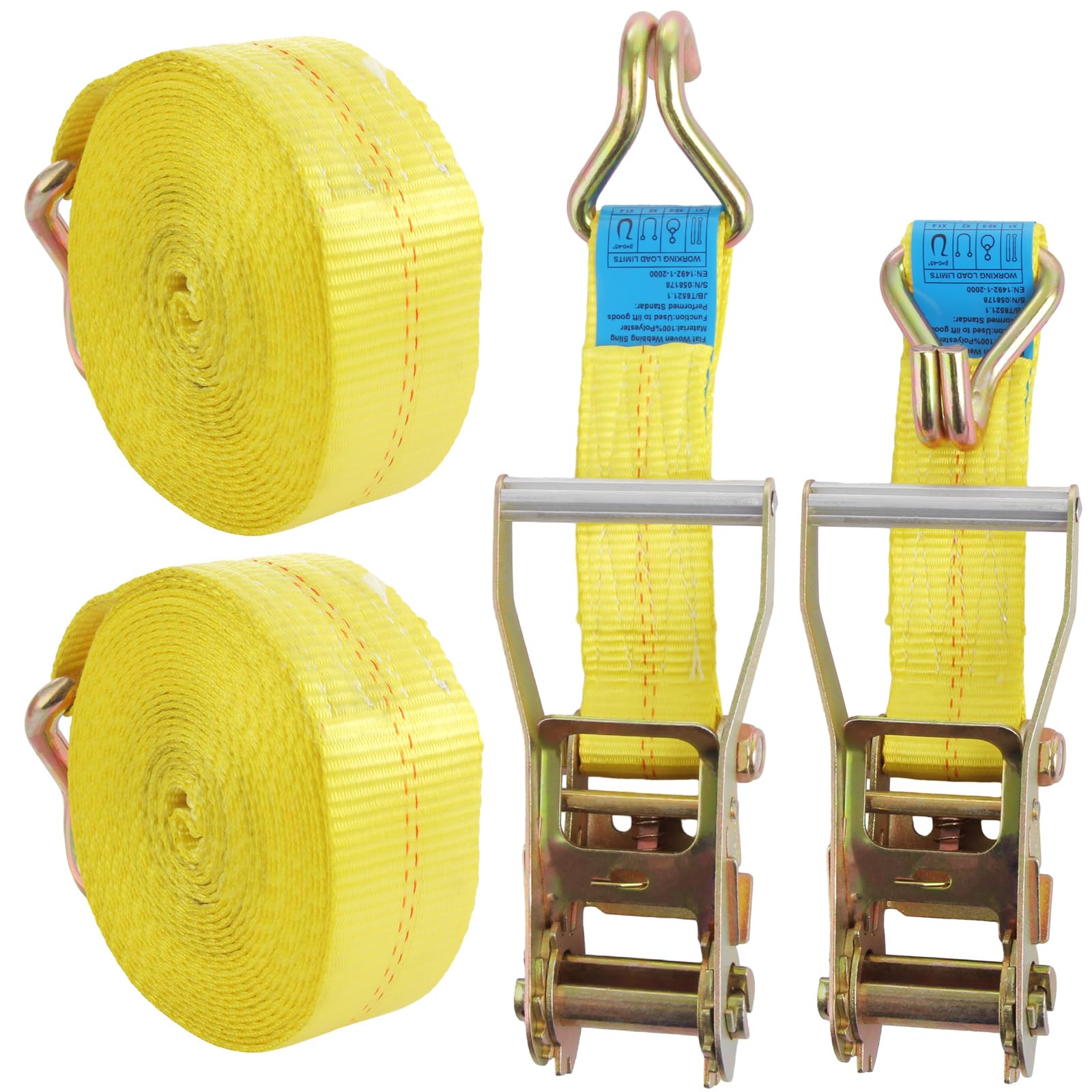 Set di 2 cinghie di fissaggio a cricchetto, 5 cm x 6 m, resistenza alla rottura, resistenti, cinghie di fissaggio con maniglia e gancio a J in metallo, per camion, auto, moto, colore giallo