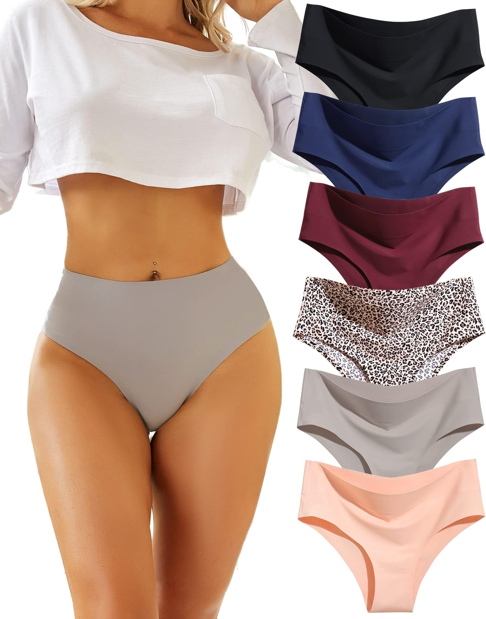 FINETOOHigh Waisted Underwear for Women Seamless Panties Bikini High Cut No Show Sexy Cheeky Panties 6 Pack