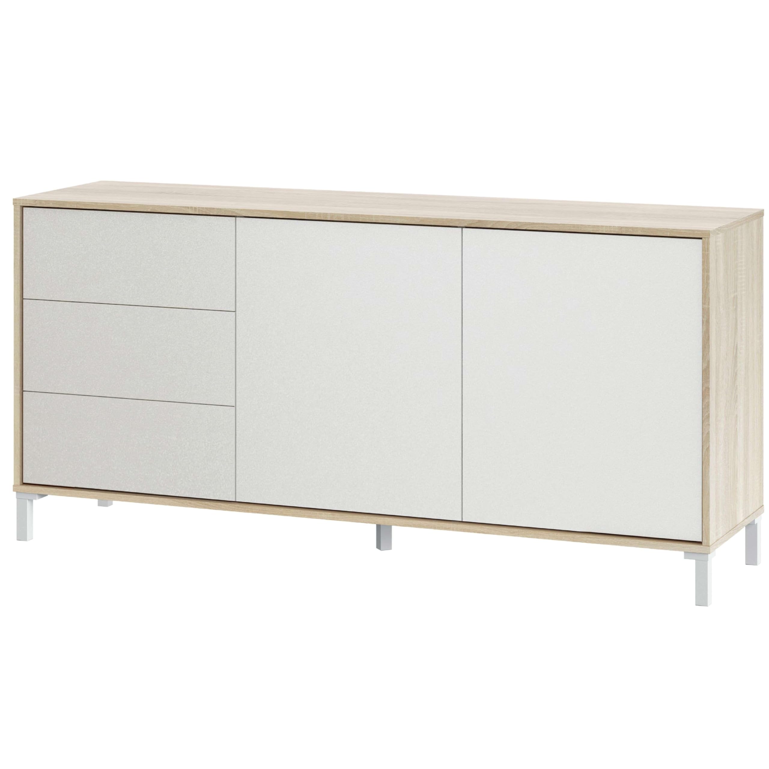 Habitdesign Aparador 2 Puertas + 3 Cajones, Buffet, Modelo Brooklyn, Acabado Roble Canadian y Blanco Artik, Medidas: 74 cm (Alto) x 154 cm (Ancho) x 41 cm (Fondo)