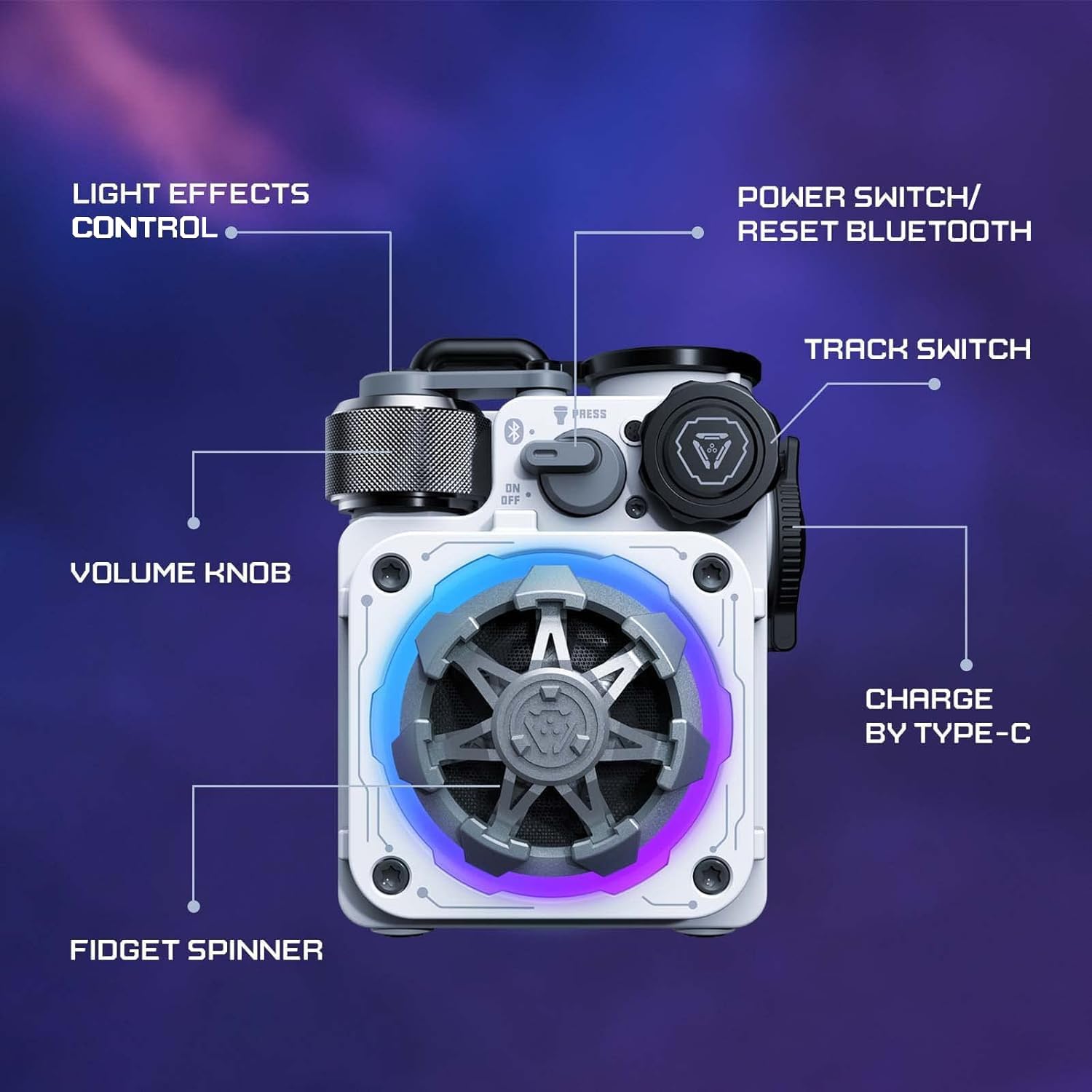 Muzen Cyber Cube-Pro White Bluetooth Speaker, Bluetooth 5.0, Portable Speaker with Fidget Spinner, Crystal Clear Sound with RGB Led Light Wireless Speaker, Waterproof Speakers for Indoor Outdoor 3