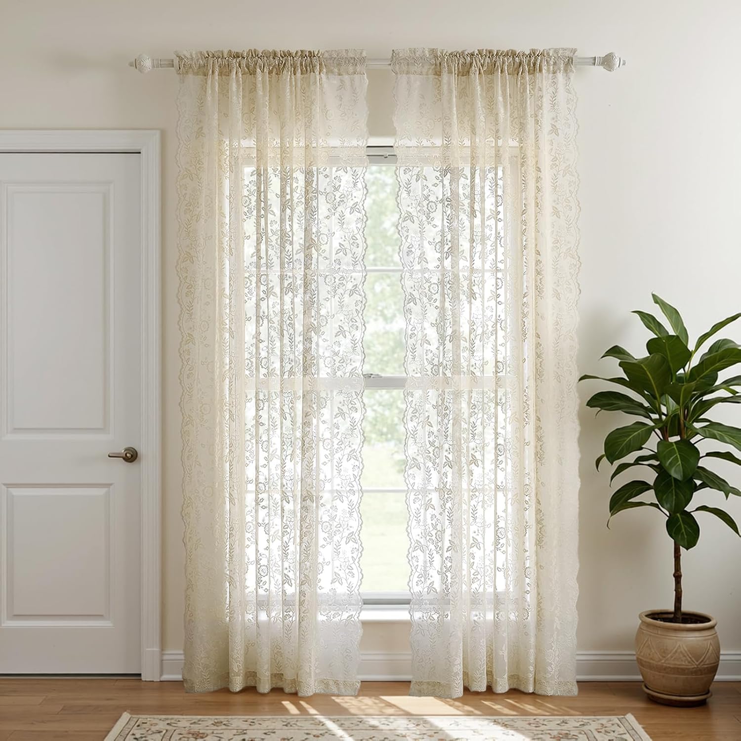 FINECITY Beige Lace Curtains for Living Room Floral 52 x 84 Inch, 2 Panels