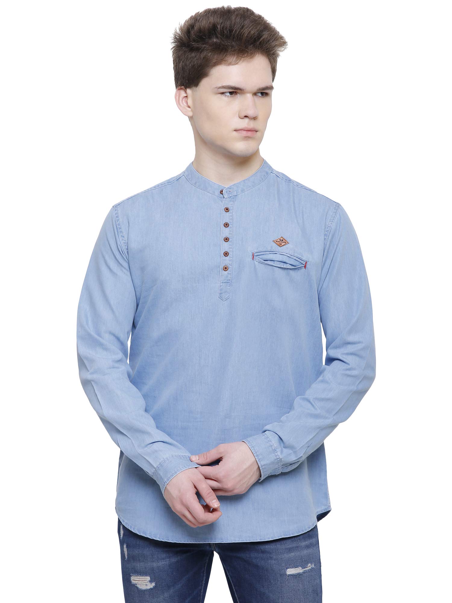 Kuons Avenue Men's Modern Denim Short Kurta | Full Sleeves Ethnic Kurta with Mandarin Collar | Tailored Fit - Traditional & Casual Occasions