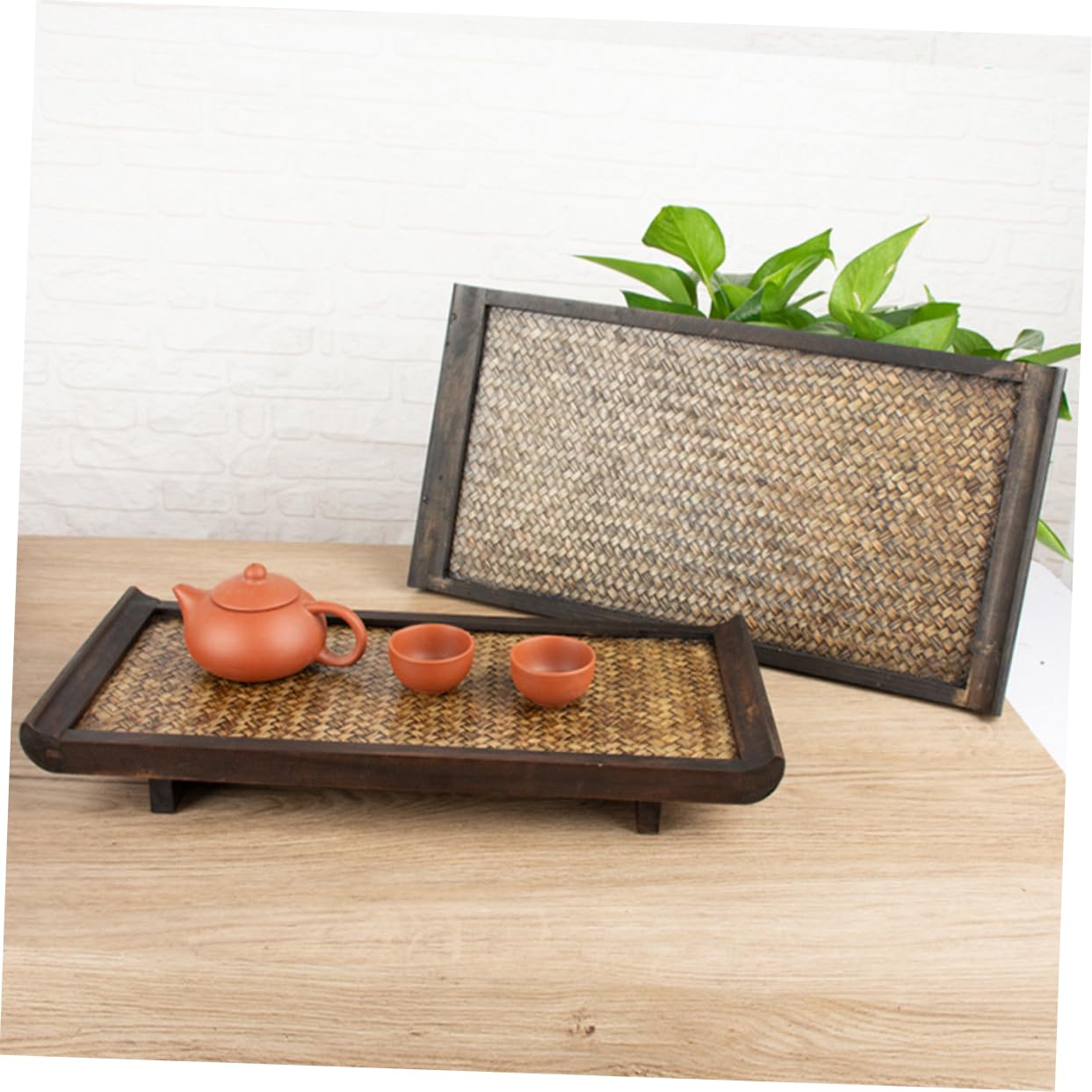 Alipis Bandeja De Ratán De Madera Rectangular para Servir Té y Comida Bandeja para Guardar Tazas Salón De Belleza y Restaurante