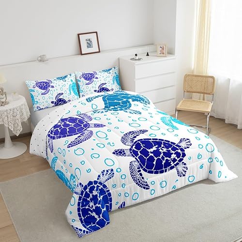 Miniatura 6 de Erosebridal Juego de edredón de plumas de tortuga marina tamaño matrimonial, juego de edredón bohemio de tortuga para niños, vida oceánica, azul