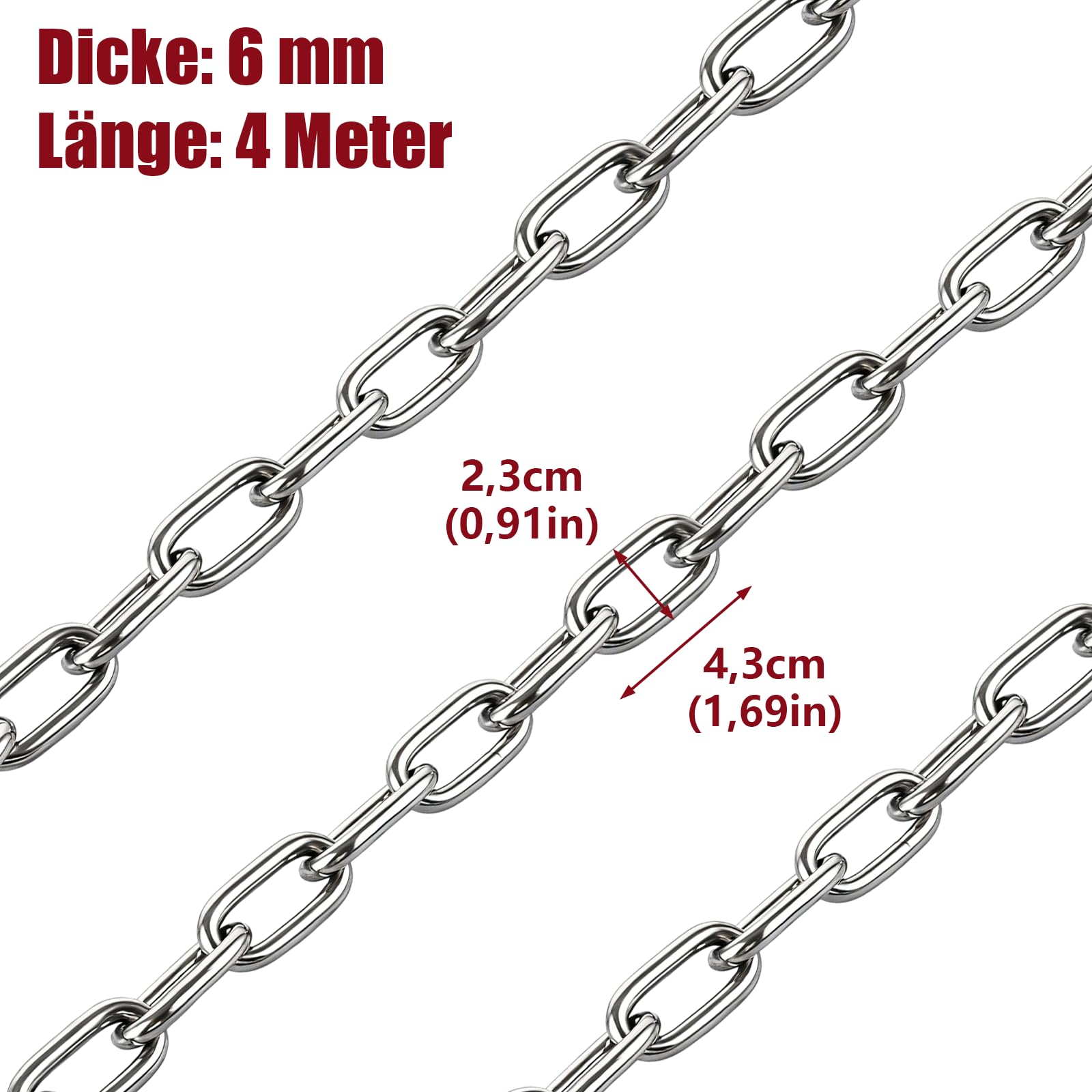 Chaine Acier Inoxydable 304 6 mm X 4 m Argent, Chaine Inox en Sachet pour Bricolage Jardin Atelier Décoration Fixation Legere Maison Projet Extérieur