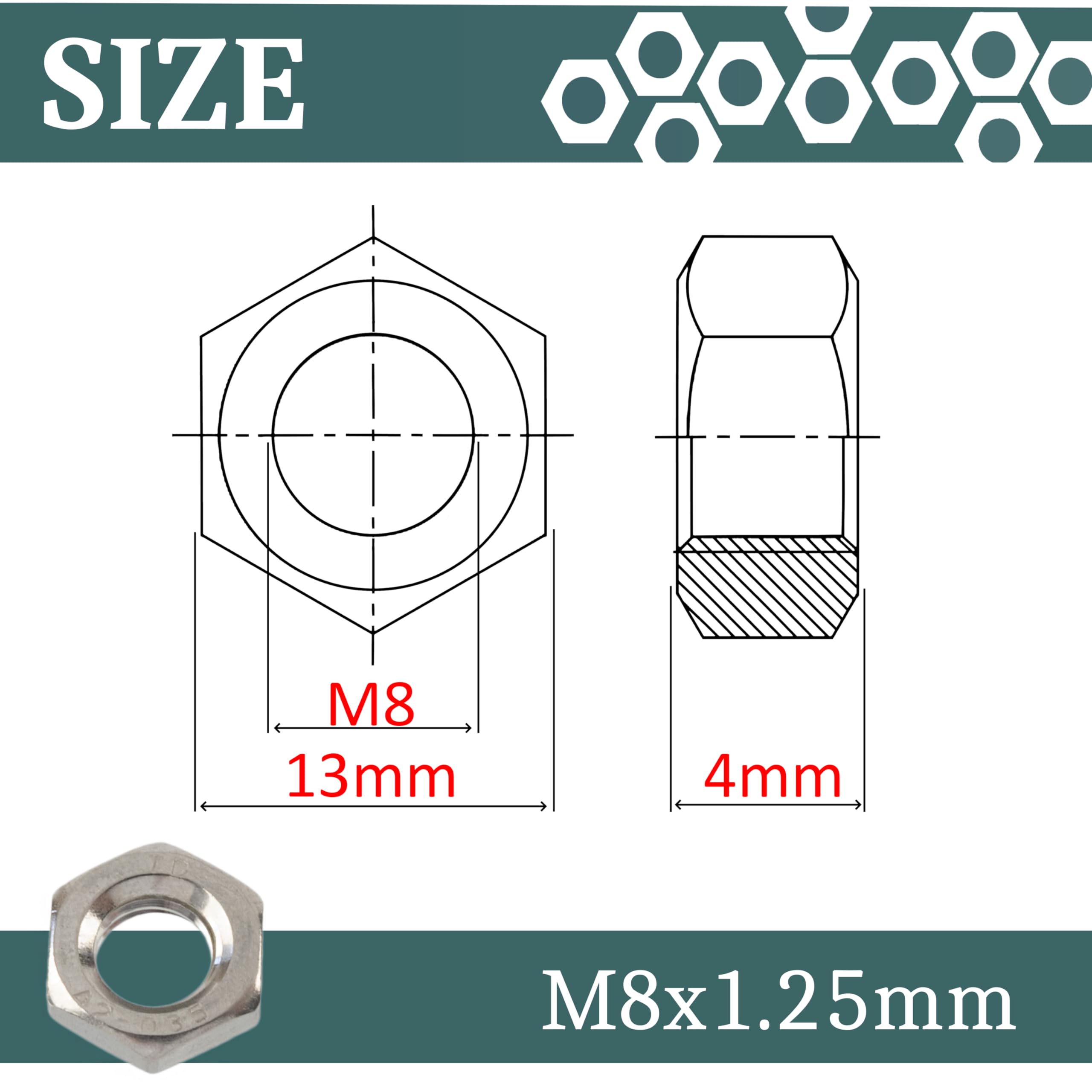 AERZETIX Set di 25 dadi esagonali a profilo basso M8x1.25 mm acciaio argento