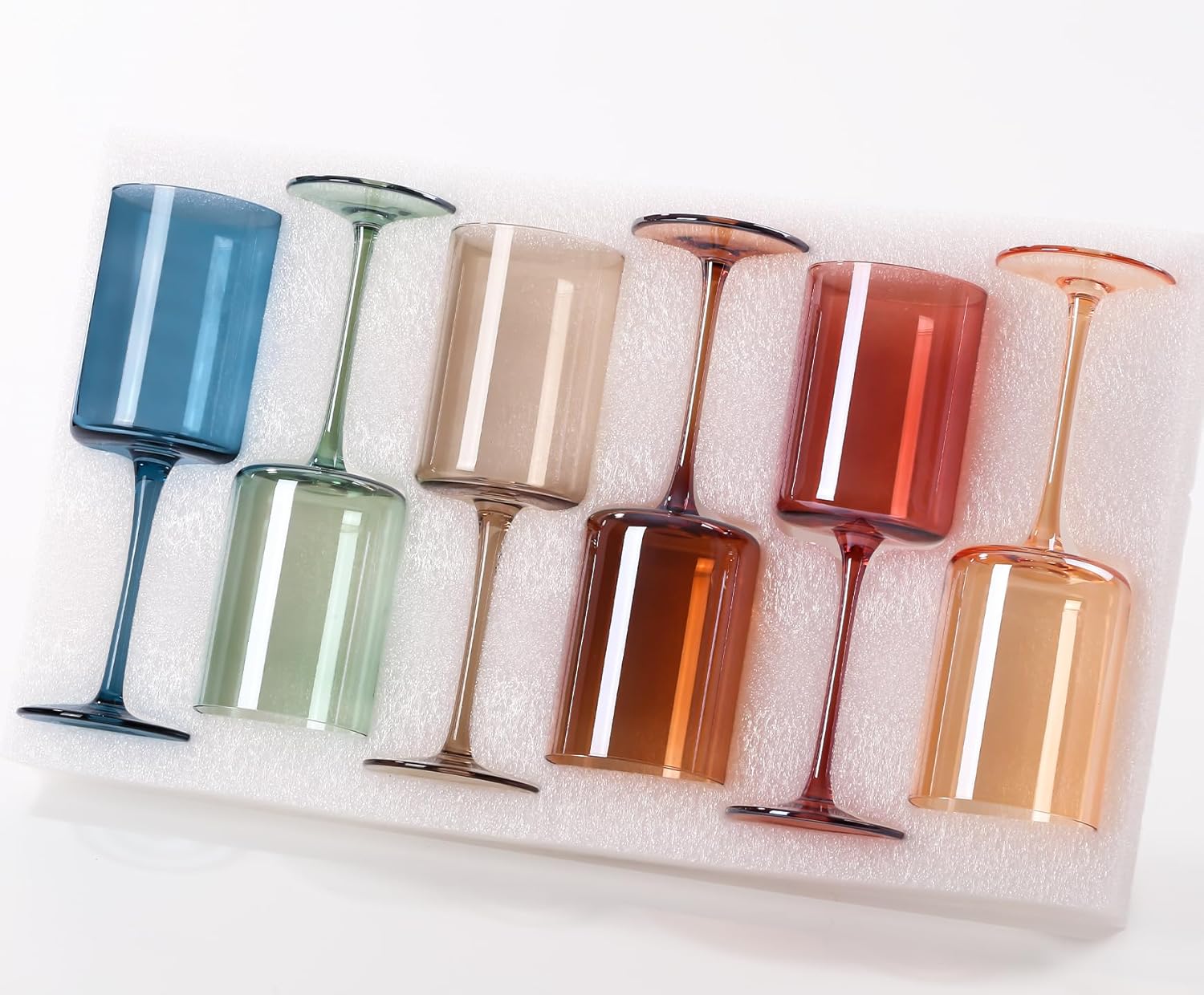 Colored Square Wine Glasses Set of 6, 14oz【Hand Blown】 Colorful Crystal Wine Glasses with Stem - Unique Muticolor Glasses Gifts for Birthday Women Party