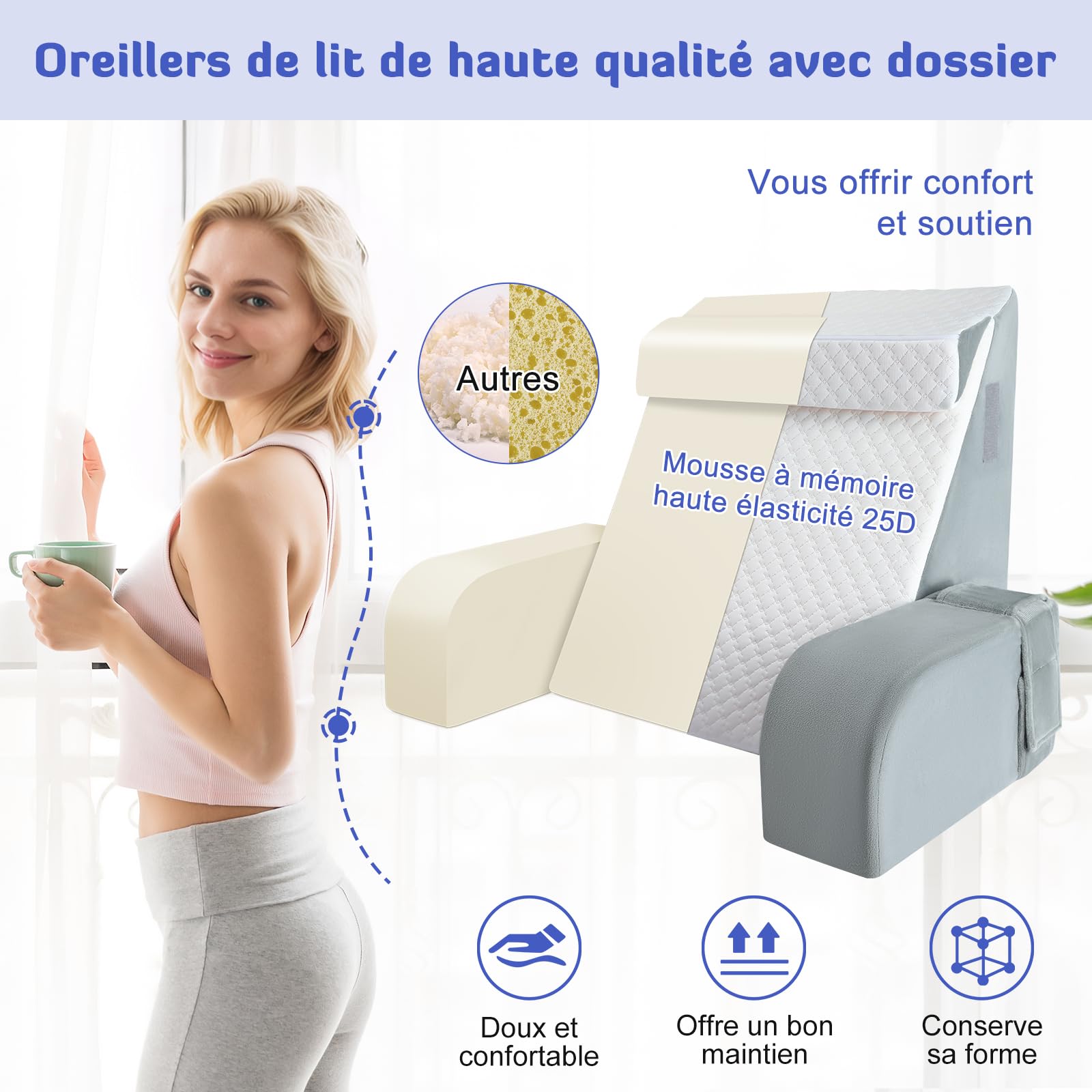 INFANZIA Coussin de Lecture Ergonomique - Coussin Support Dorsale avec Oreiller Cervical et Accoudoirs Amovibles, Oreiller de Dos pour Adulte pour se Détendre, Regarder la télé, Housse Lavable
