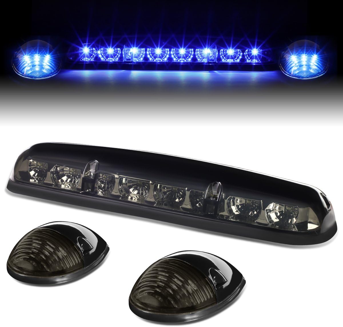 Auto Dynasty Compatible with Silverado Sierra GMT800 LED Cab Roof Top Center Running Light + Pair Side Lamps (Smoked Blue LED)